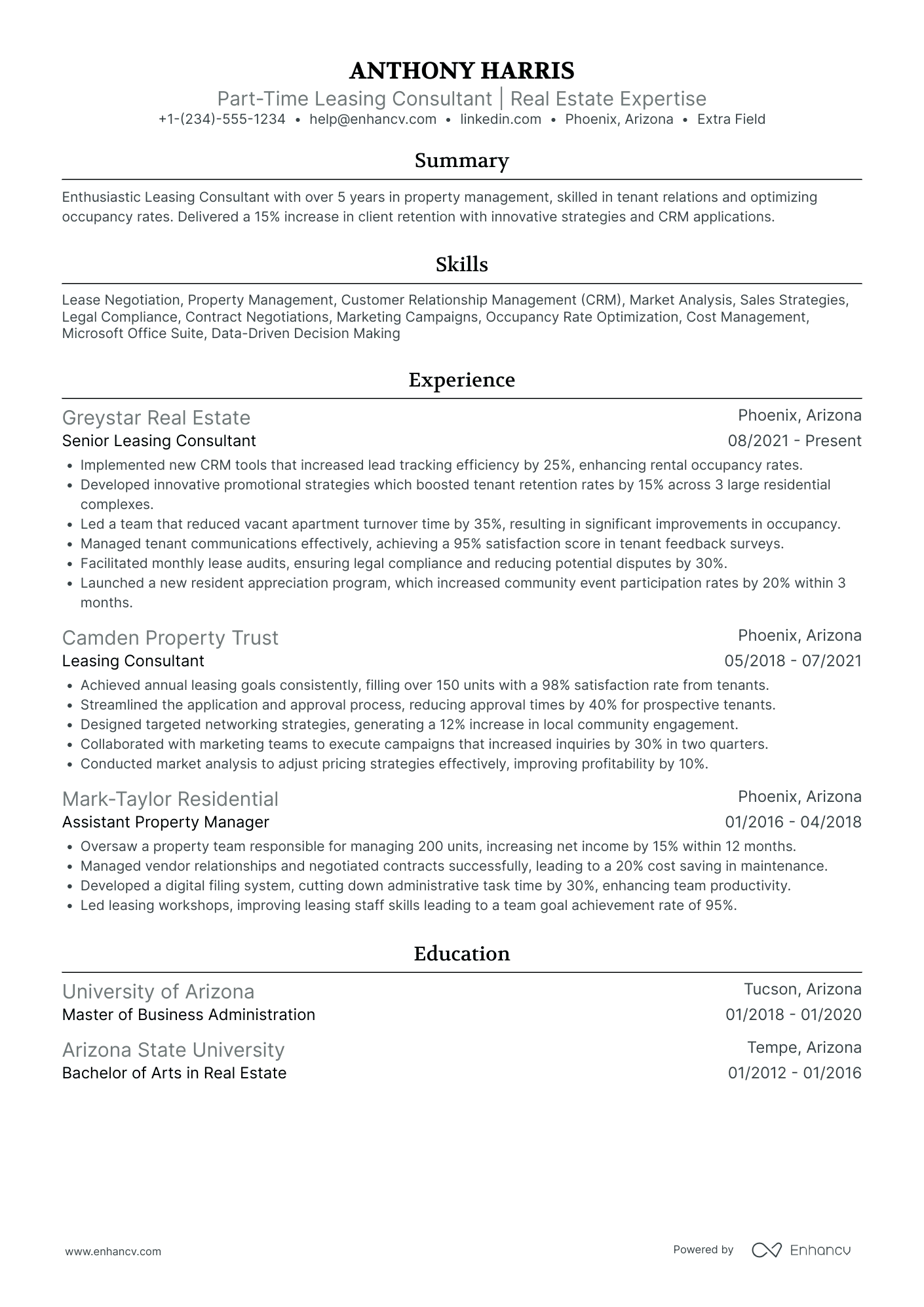 Part Time Leasing Consultant Resume Example