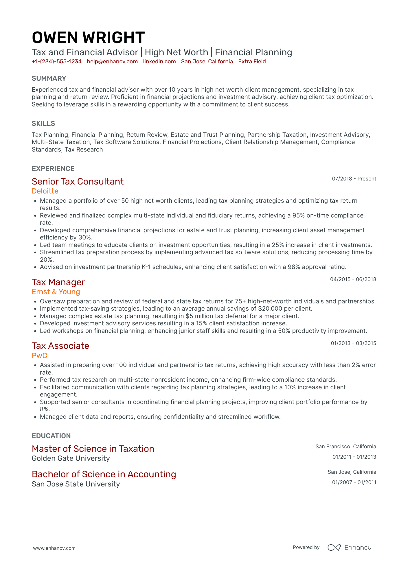 CPA Advisor Resume Example