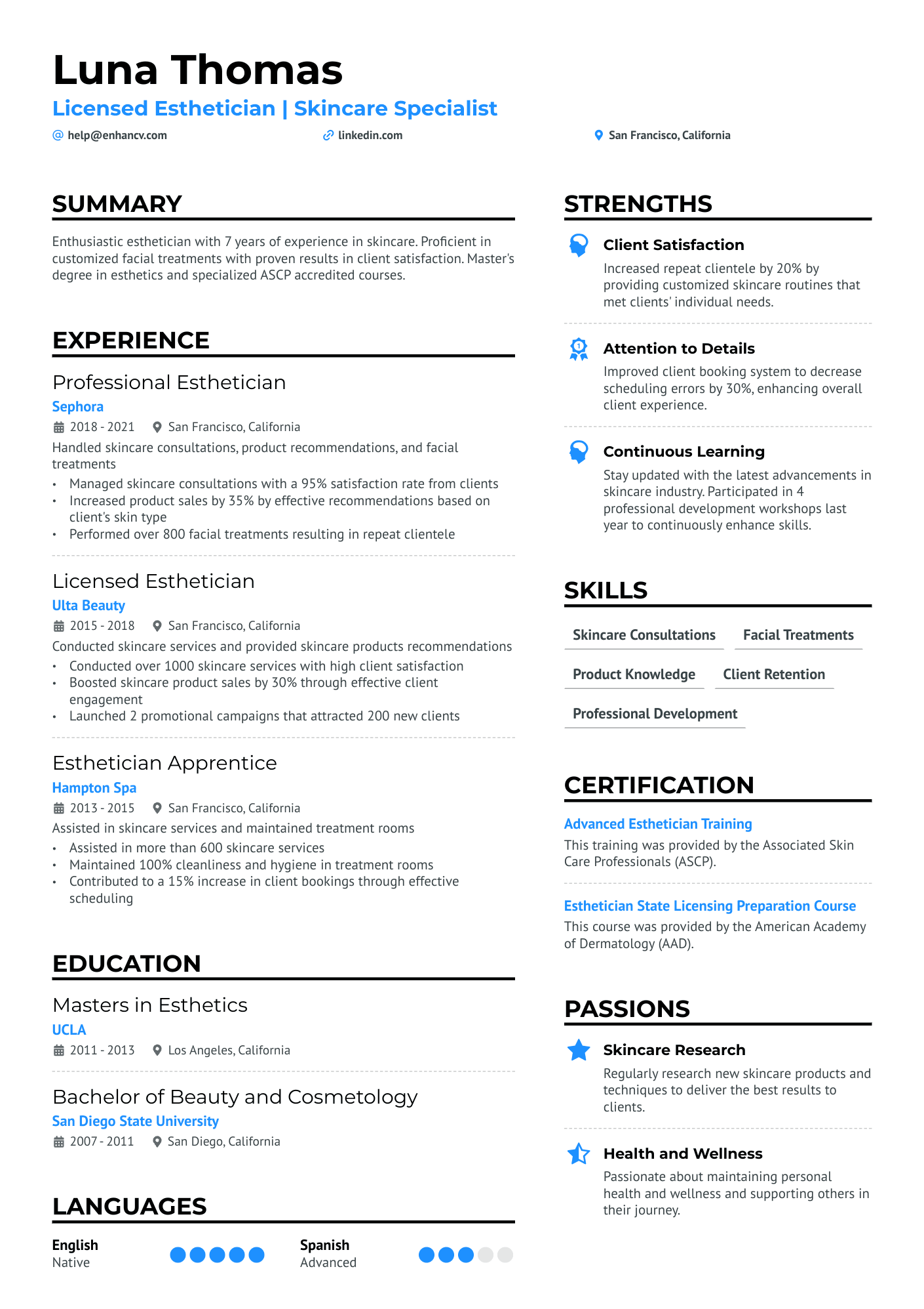 Freelance Esthetician Resume Example