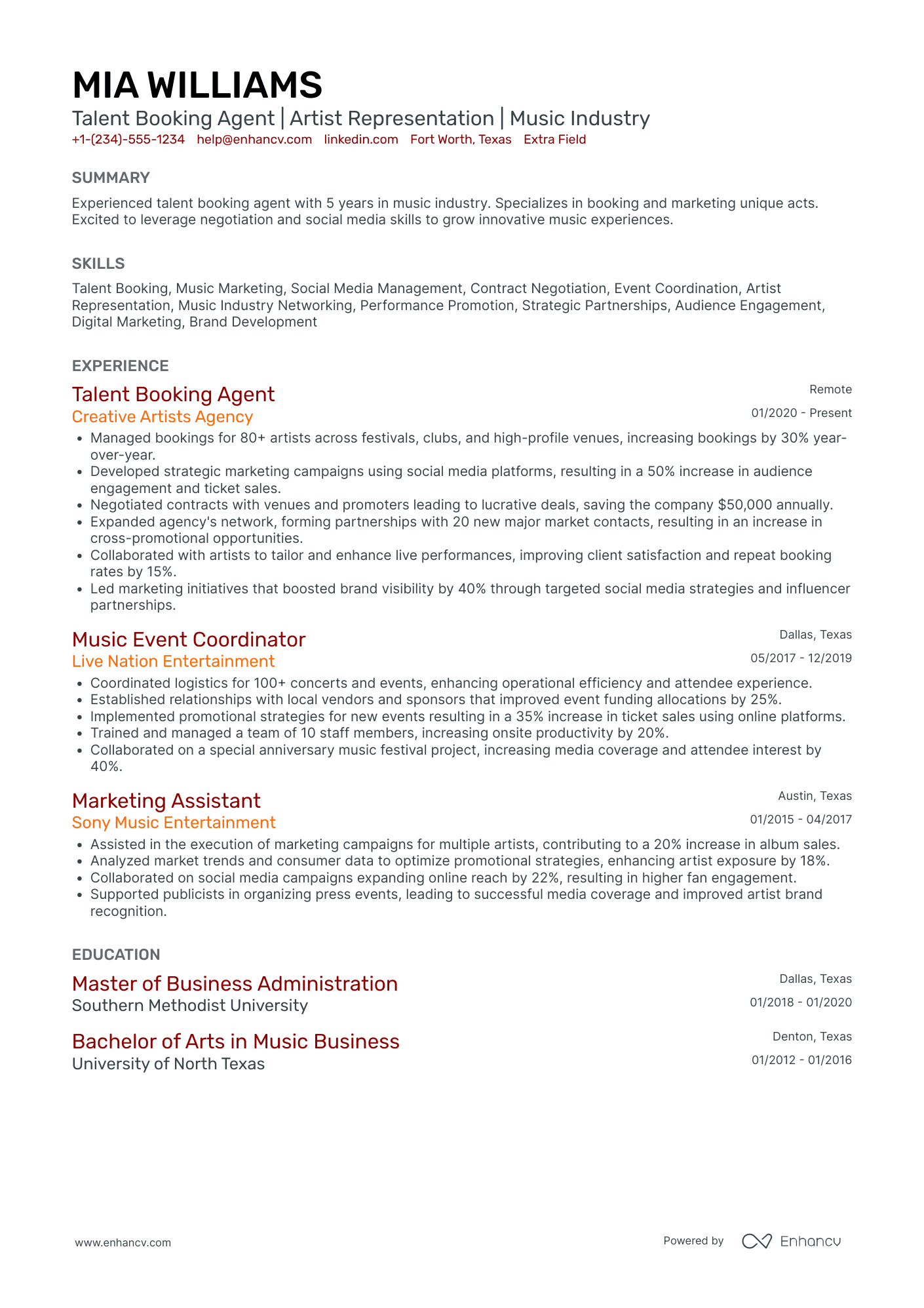 DJ Booking Agent Resume Example