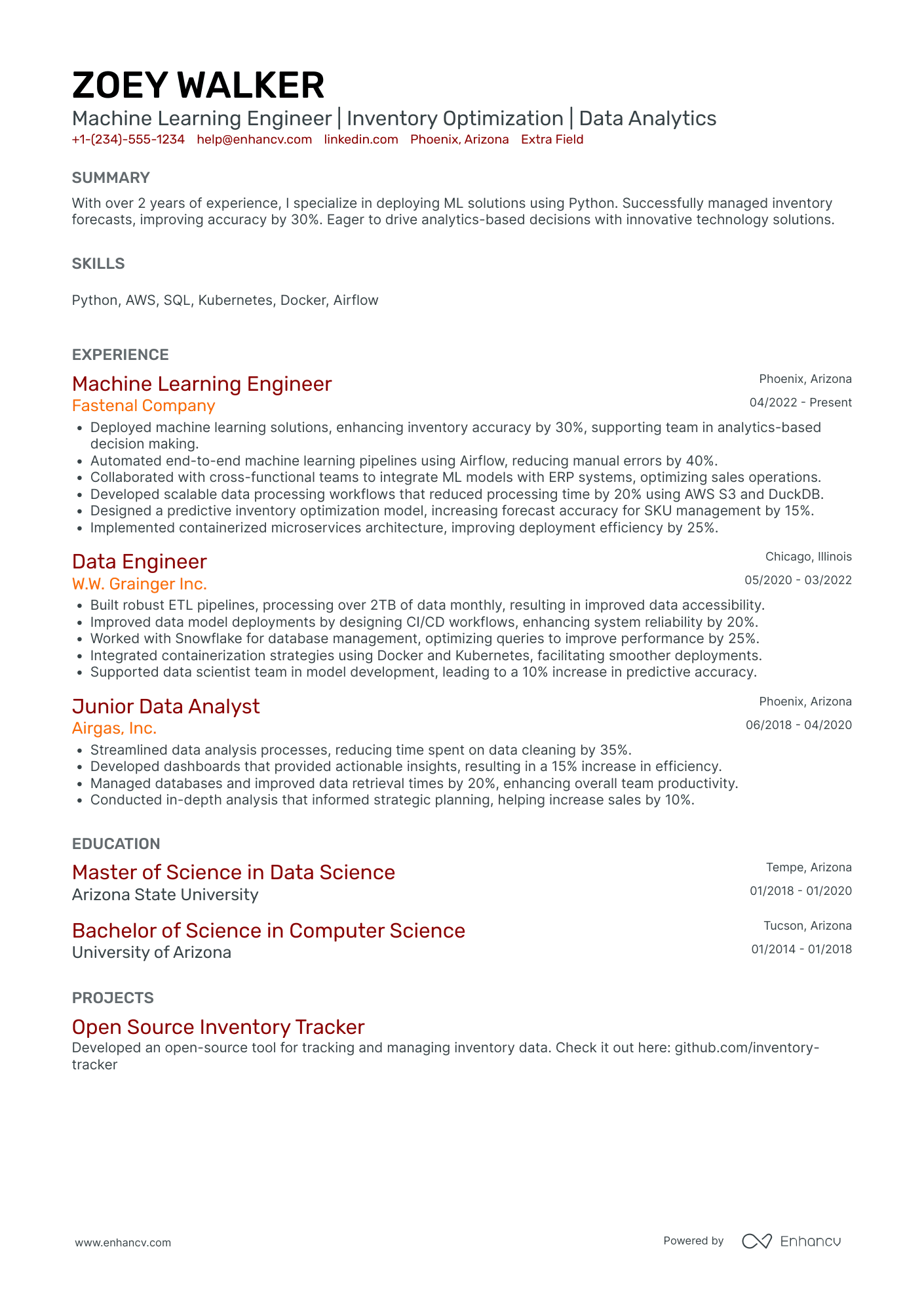 Machine Learning Engineer Resume Example