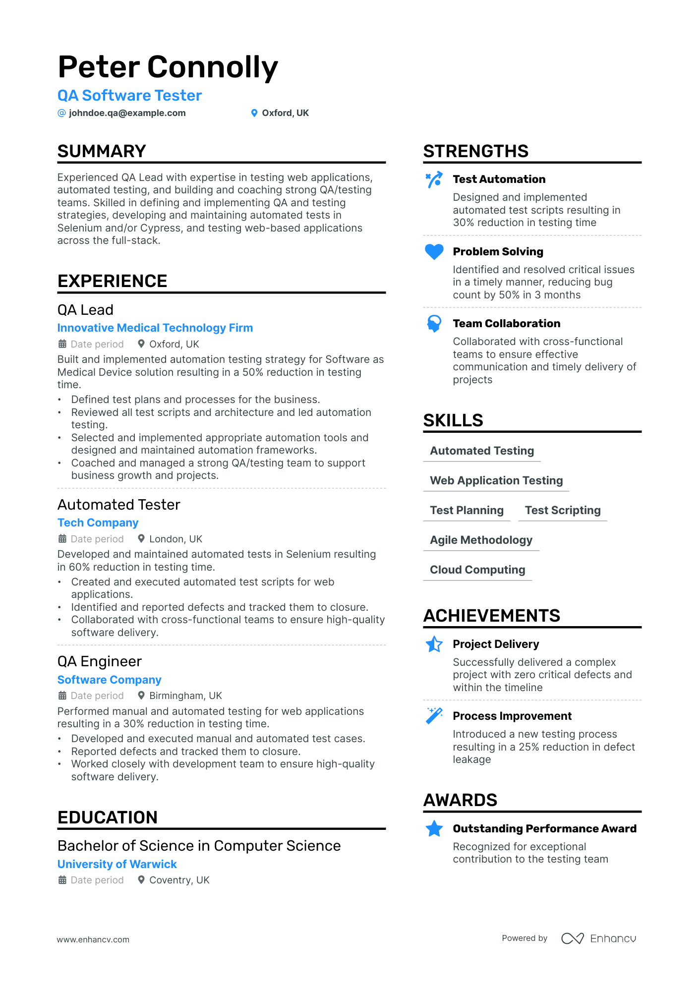 QA Software Tester Resume Example