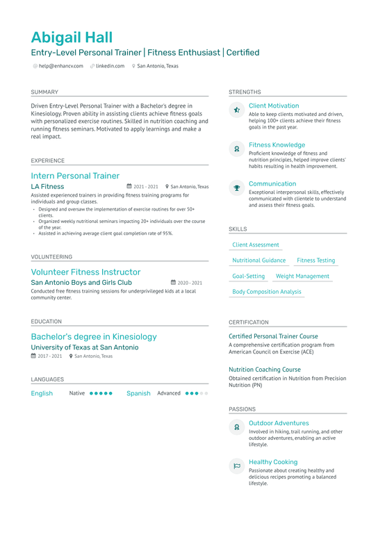 Entry Level Personal Trainer Resume Example