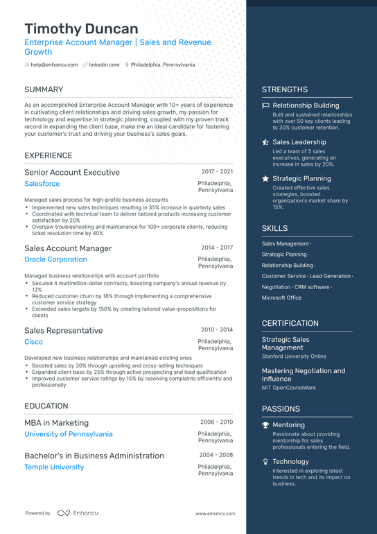 Enterprise Account Manager Resume Example