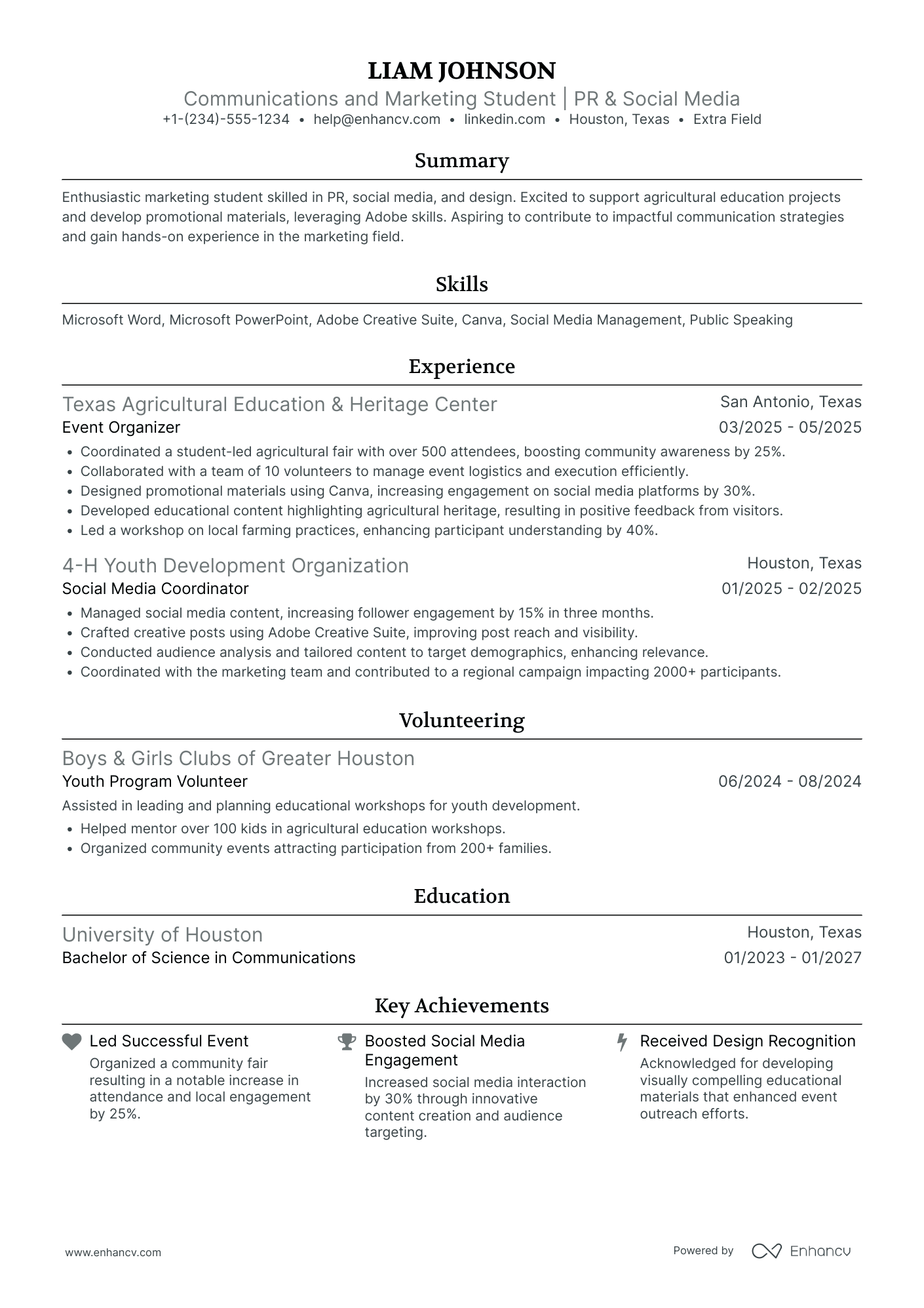 Marketing and Public Relations Intern Resume Example