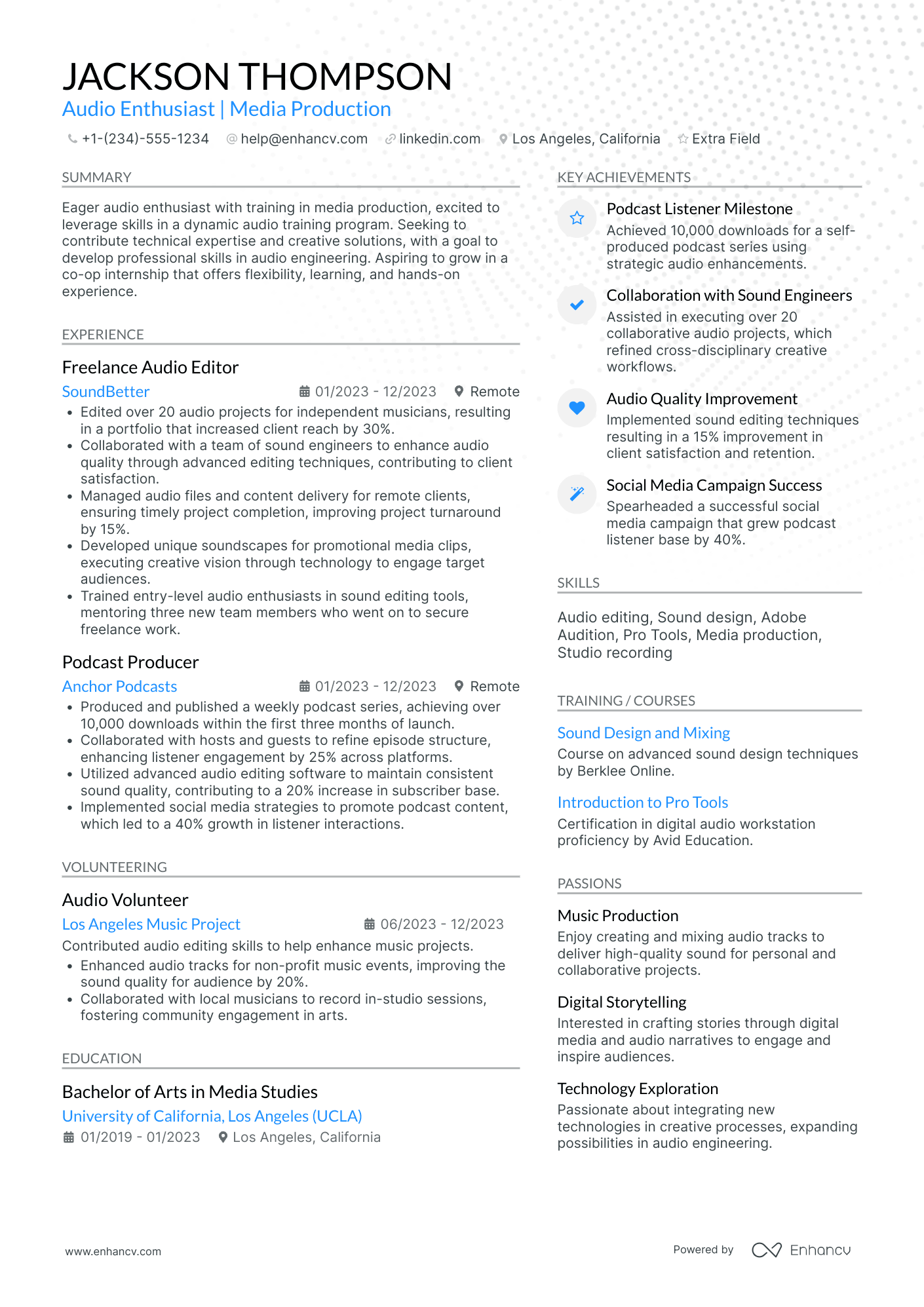 Audio Engineer Intern Resume Example