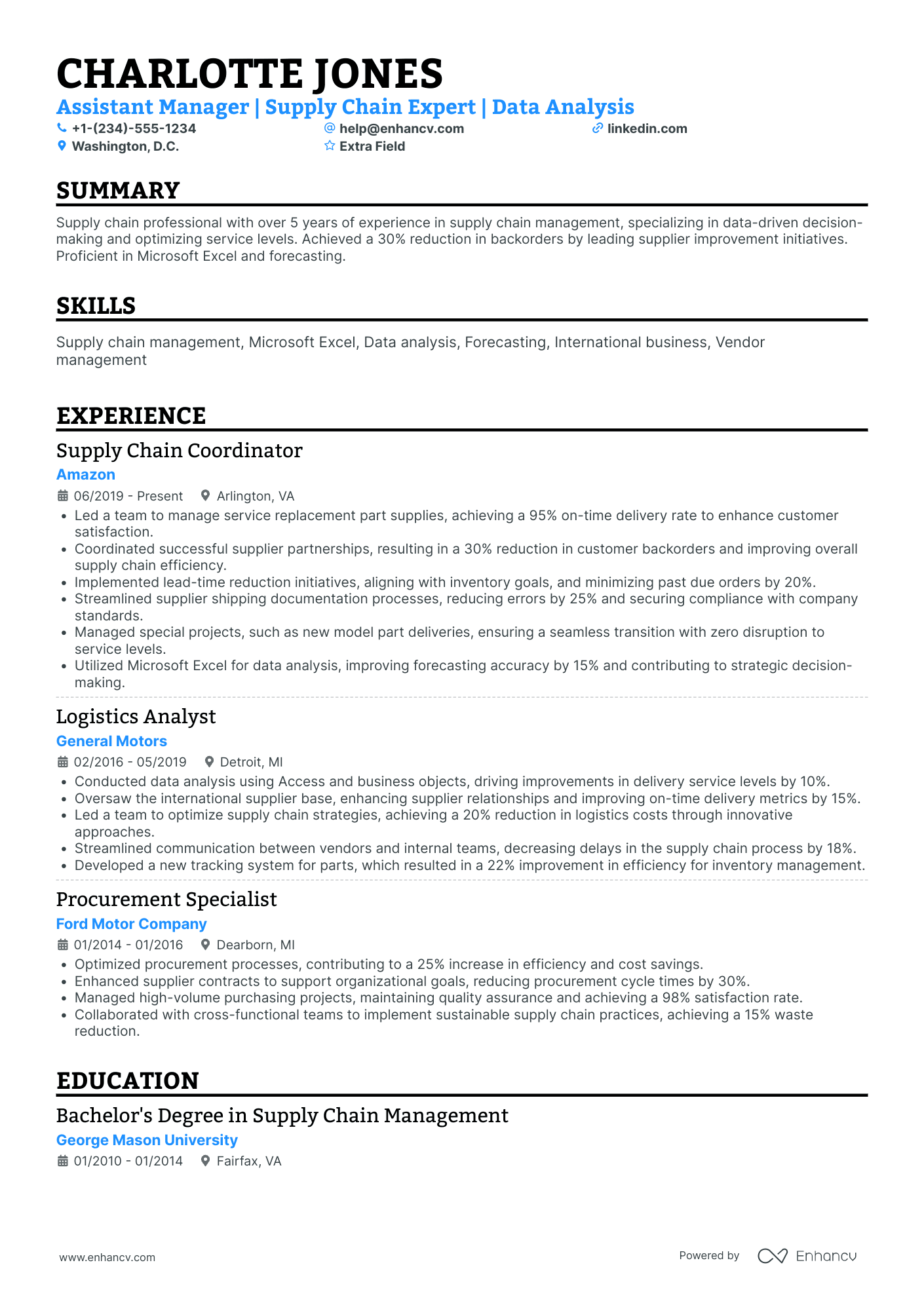 Assistant Manager of Supply Chain Resume Example