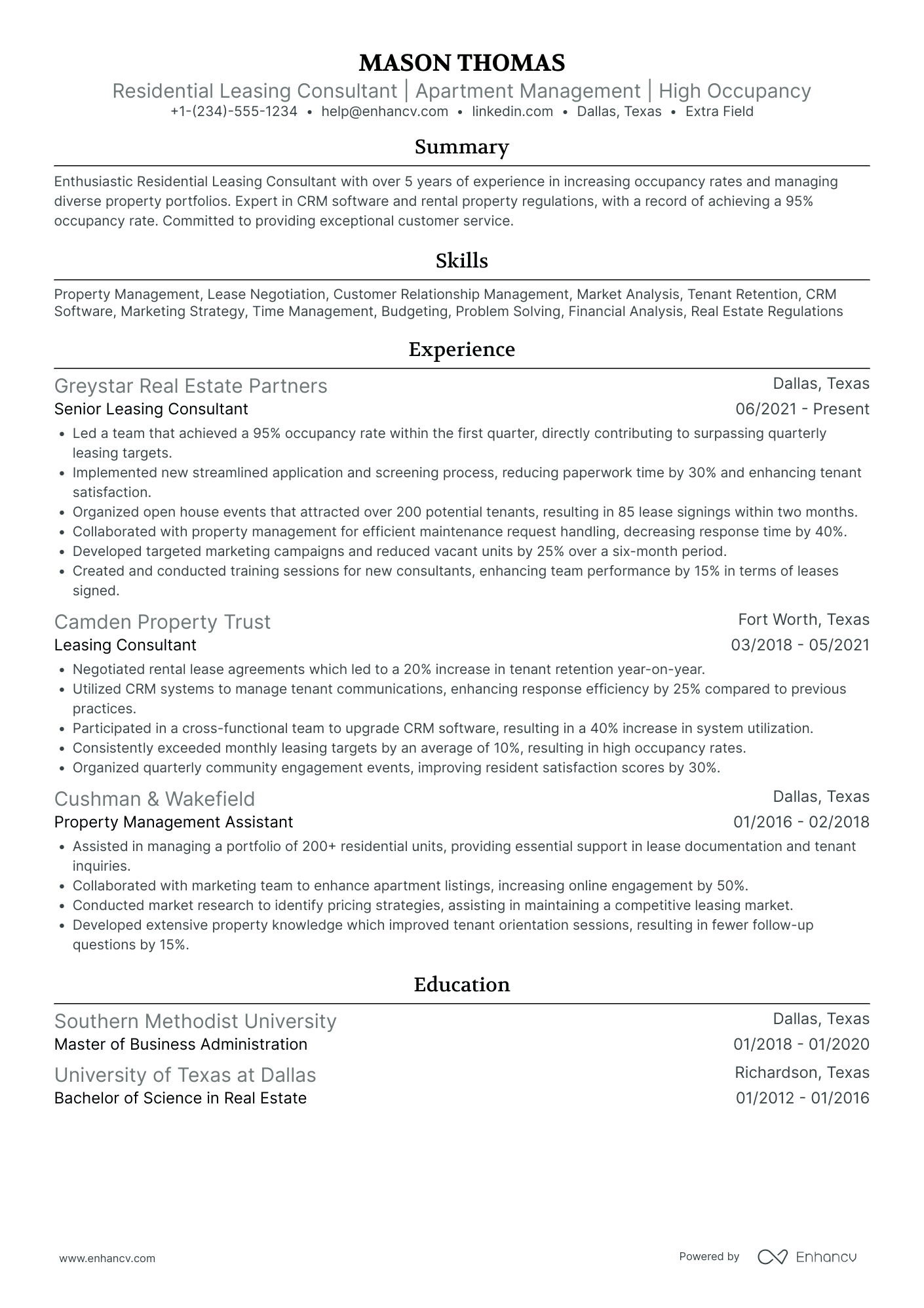 Residential Leasing Consultant Resume Example