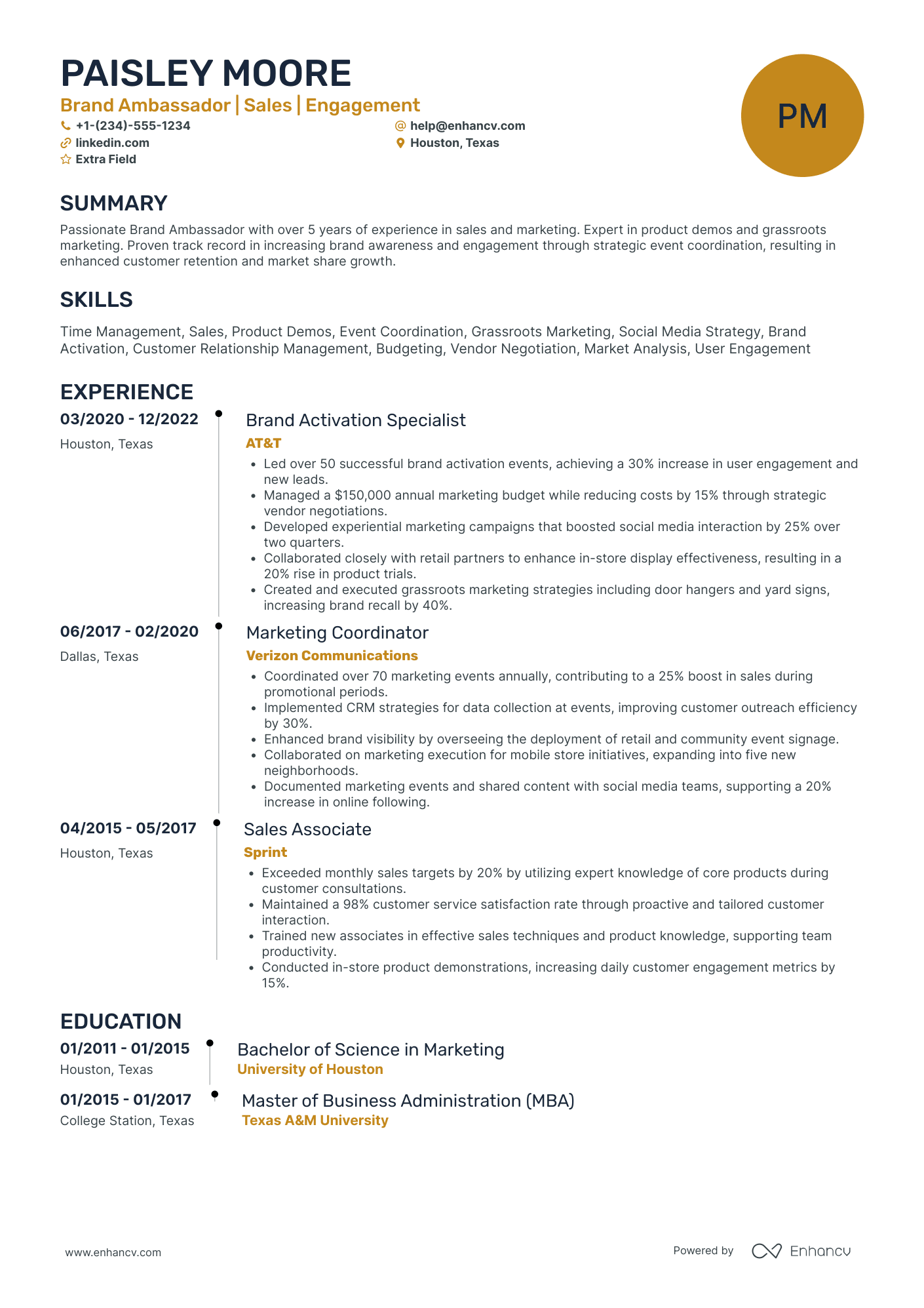 Athlete Brand Ambassador Resume Example