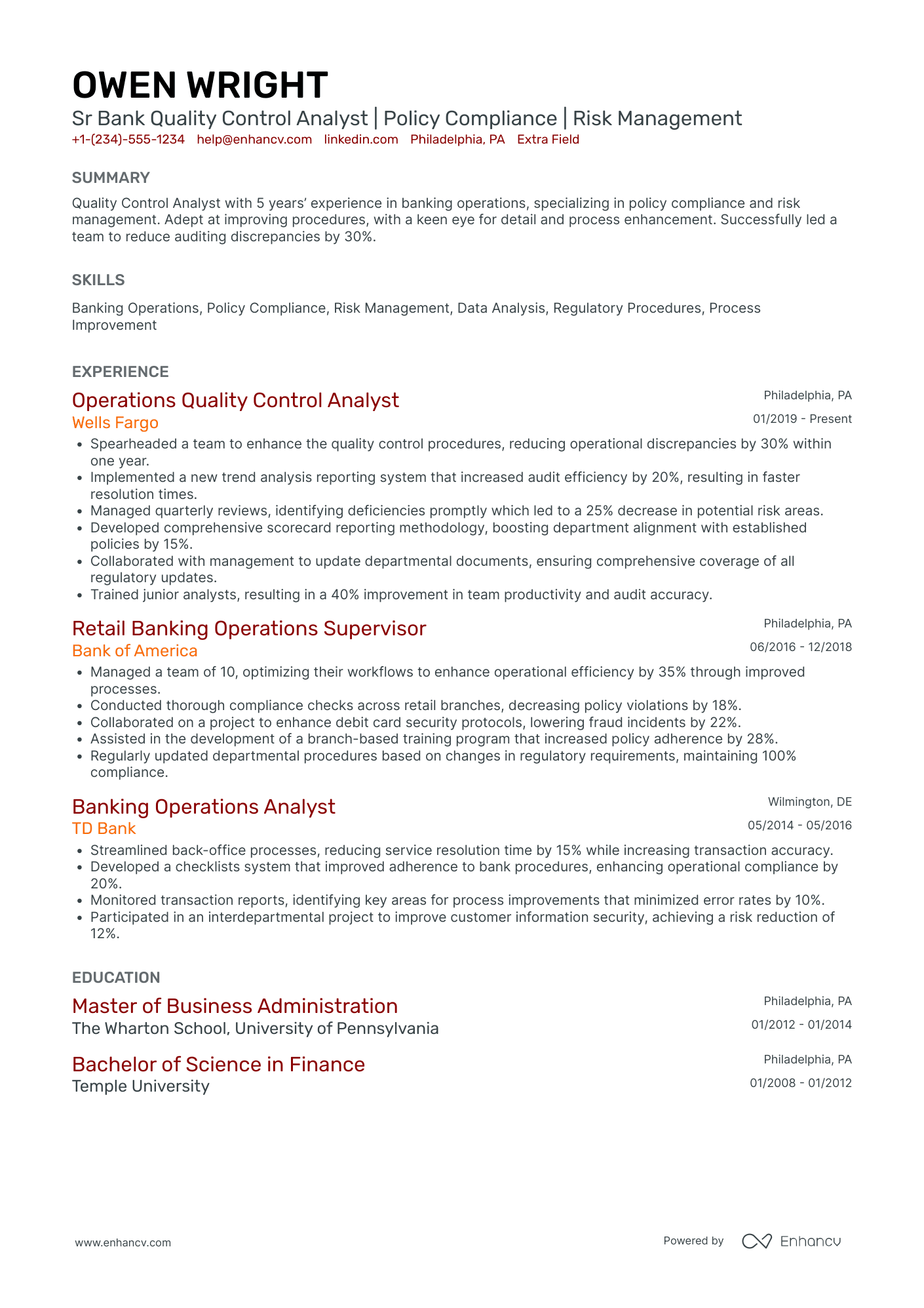 Quality Control Analyst Resume Example