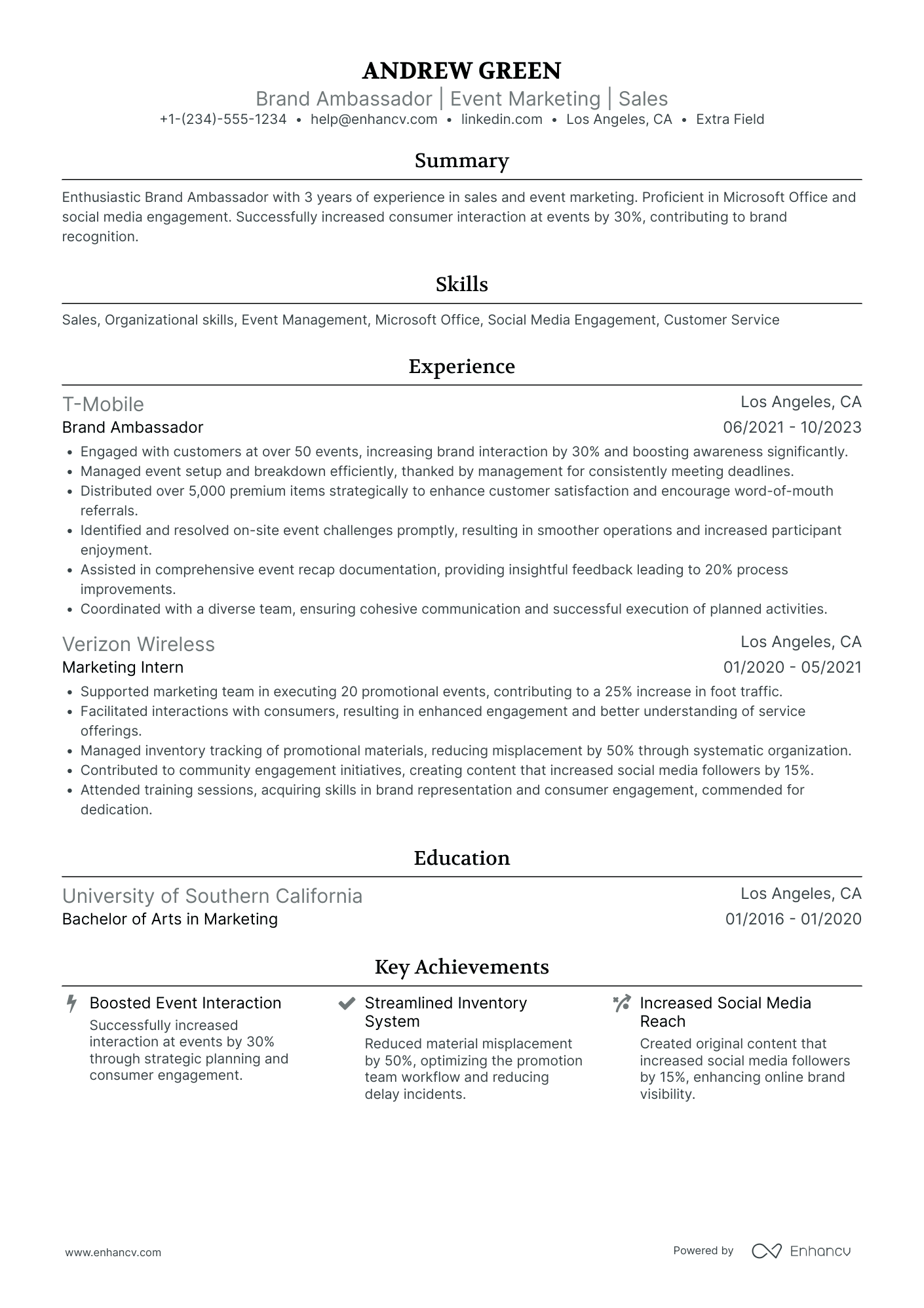 Junior Brand Ambassador Resume Example