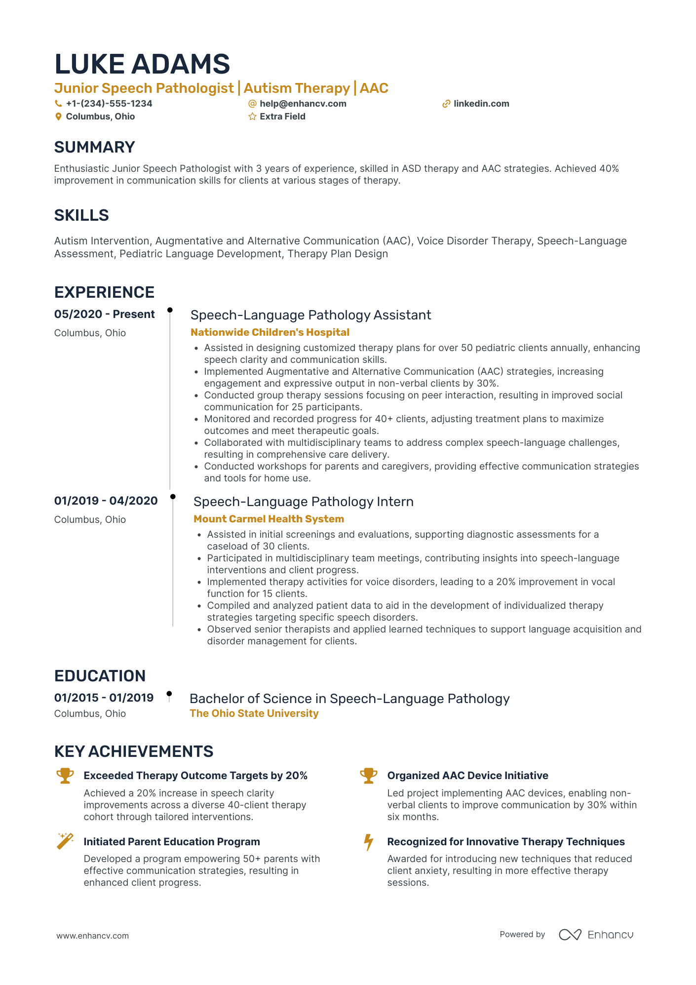 Junior Speech Pathologist Resume Example