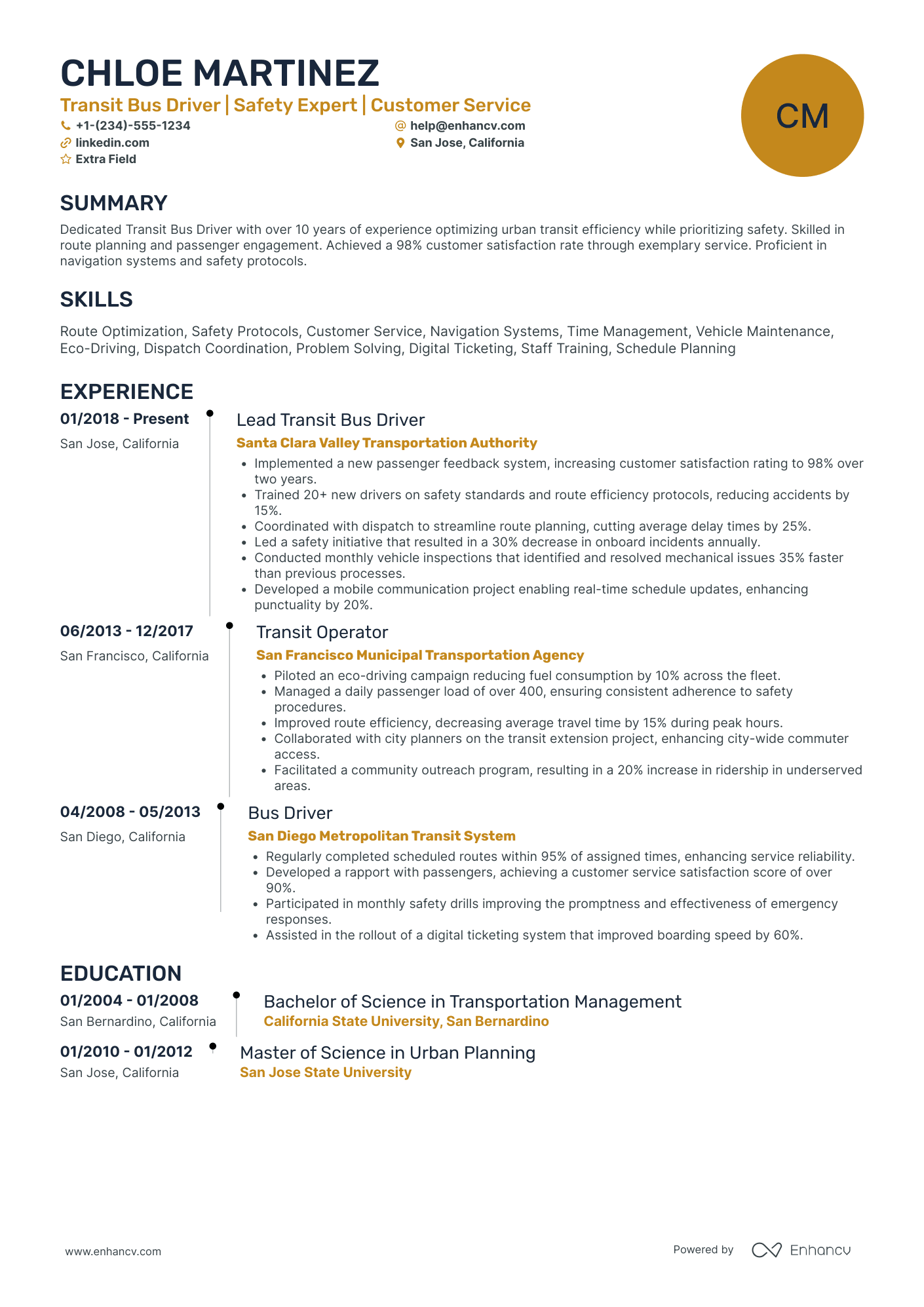 Transit Bus Driver Resume Example