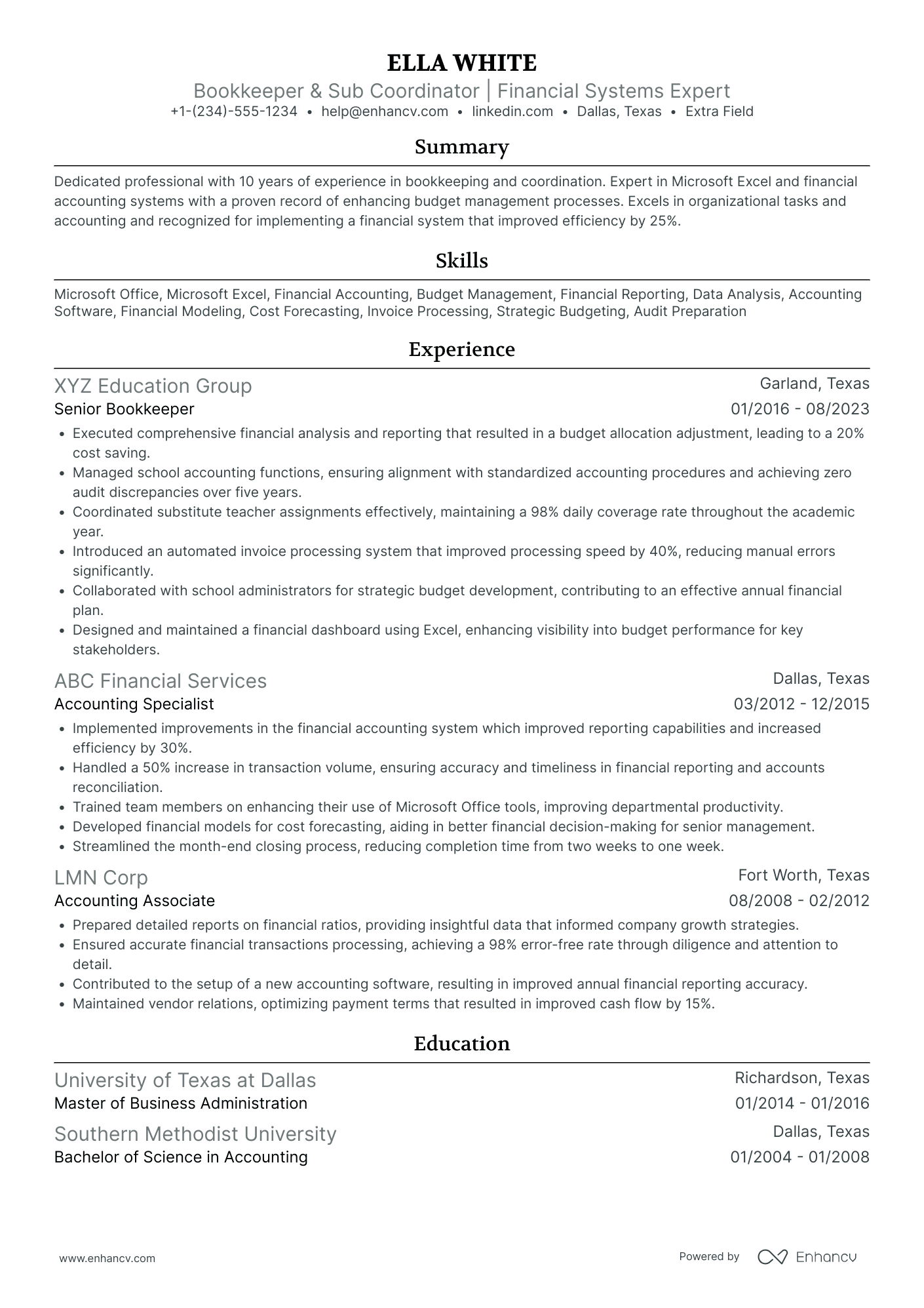 Bookkeeper Coordinator Resume Example