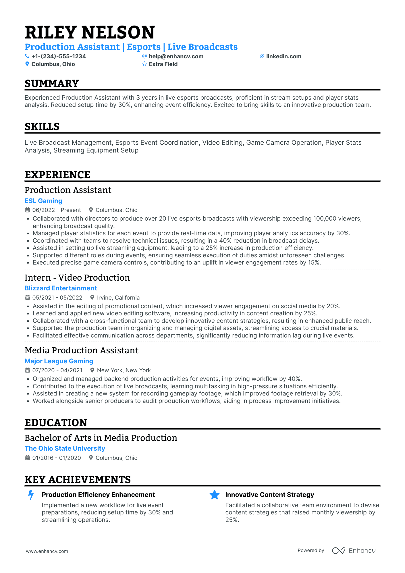 Sports Production Assistant Resume Example