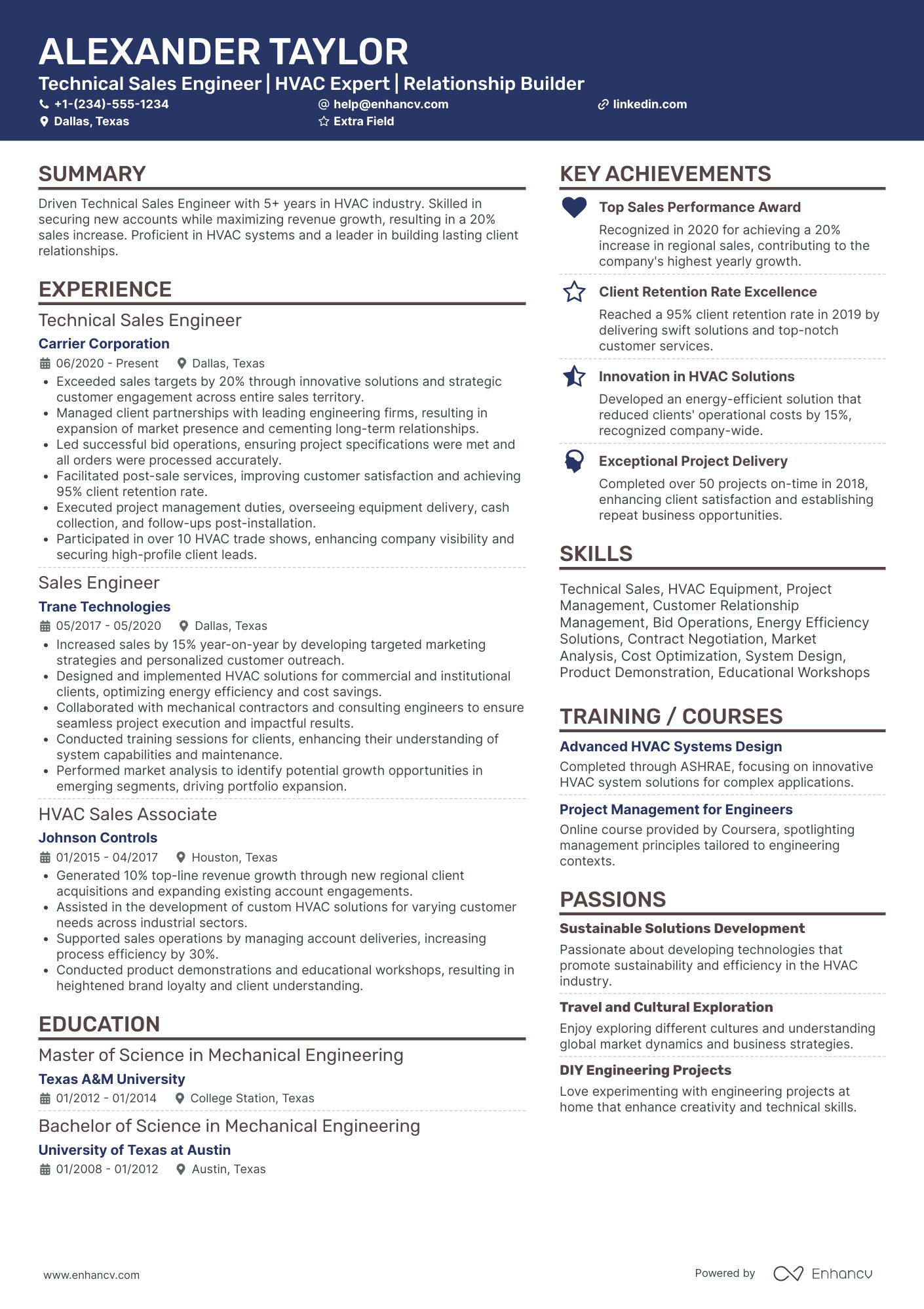 HVAC Sales Engineer Resume Example