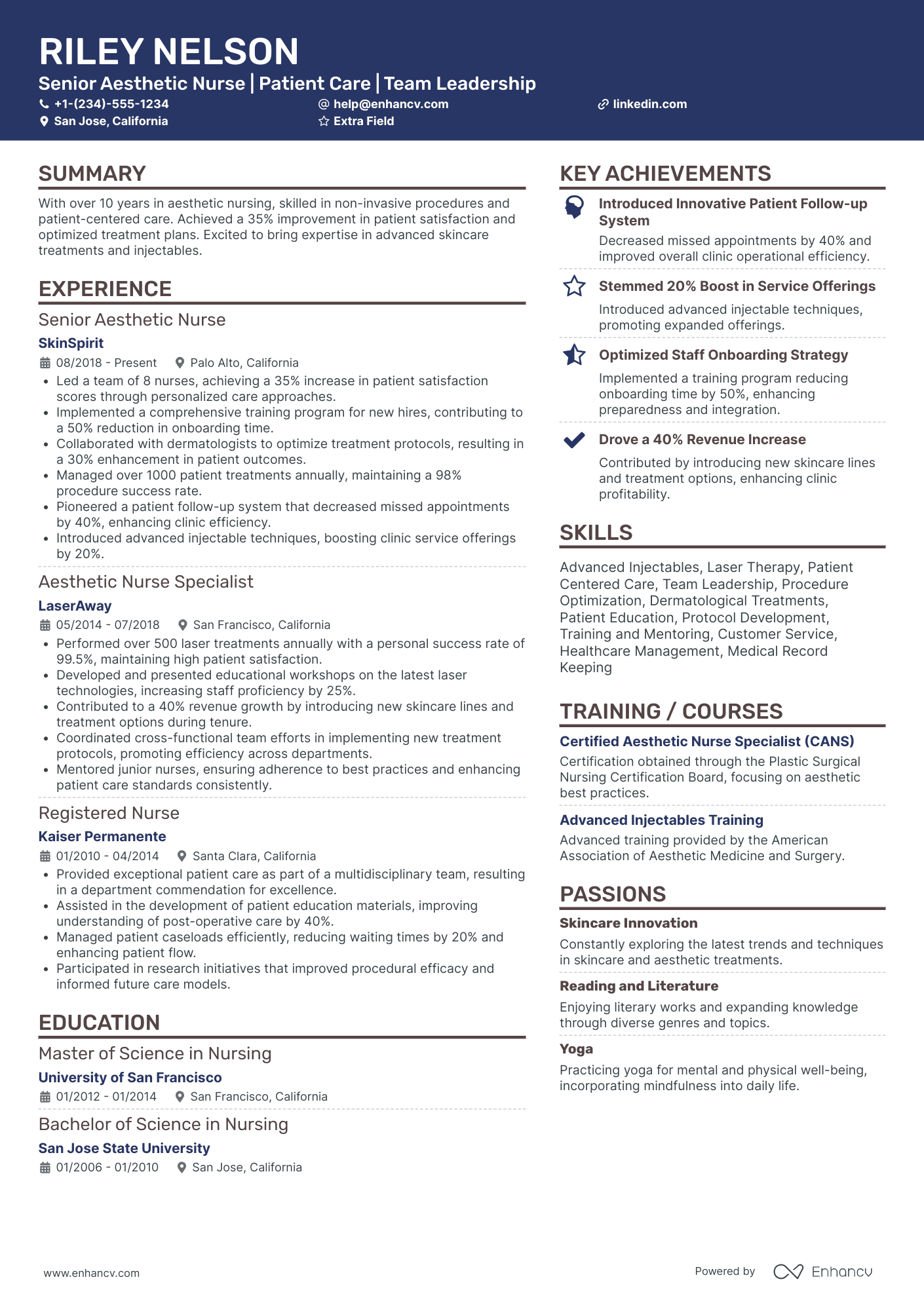 Senior Aesthetic Nurse Resume Example