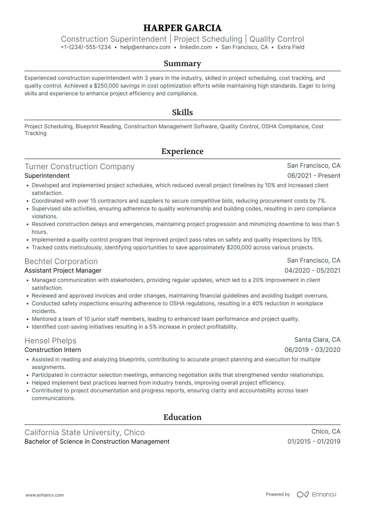 Junior Construction Superintendent Resume Example