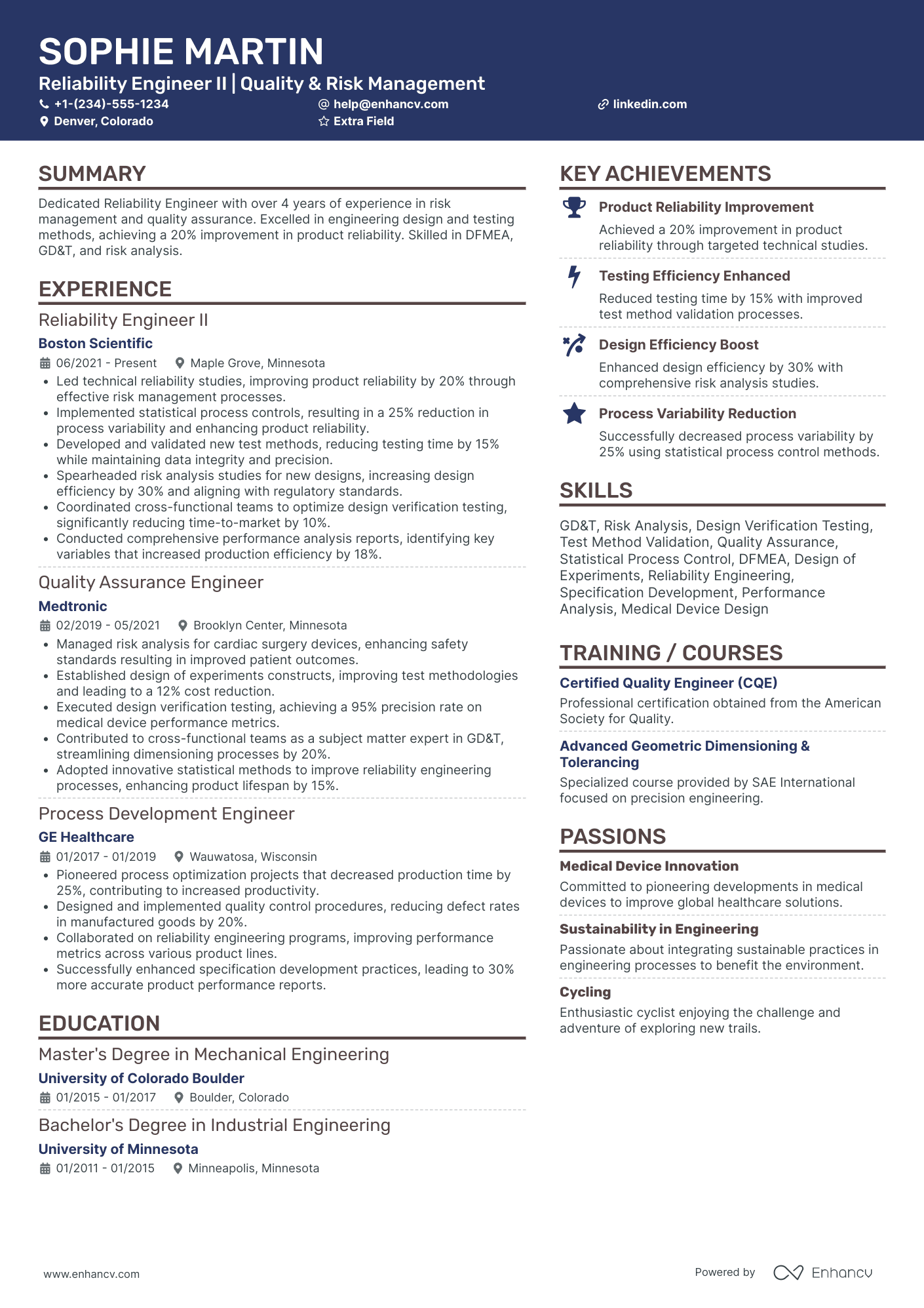 Product Reliability Engineer Resume Example