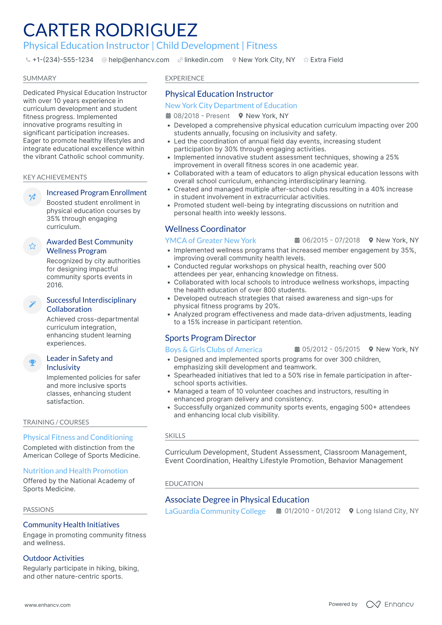 Physical Education and Wellness Instructor Resume Example