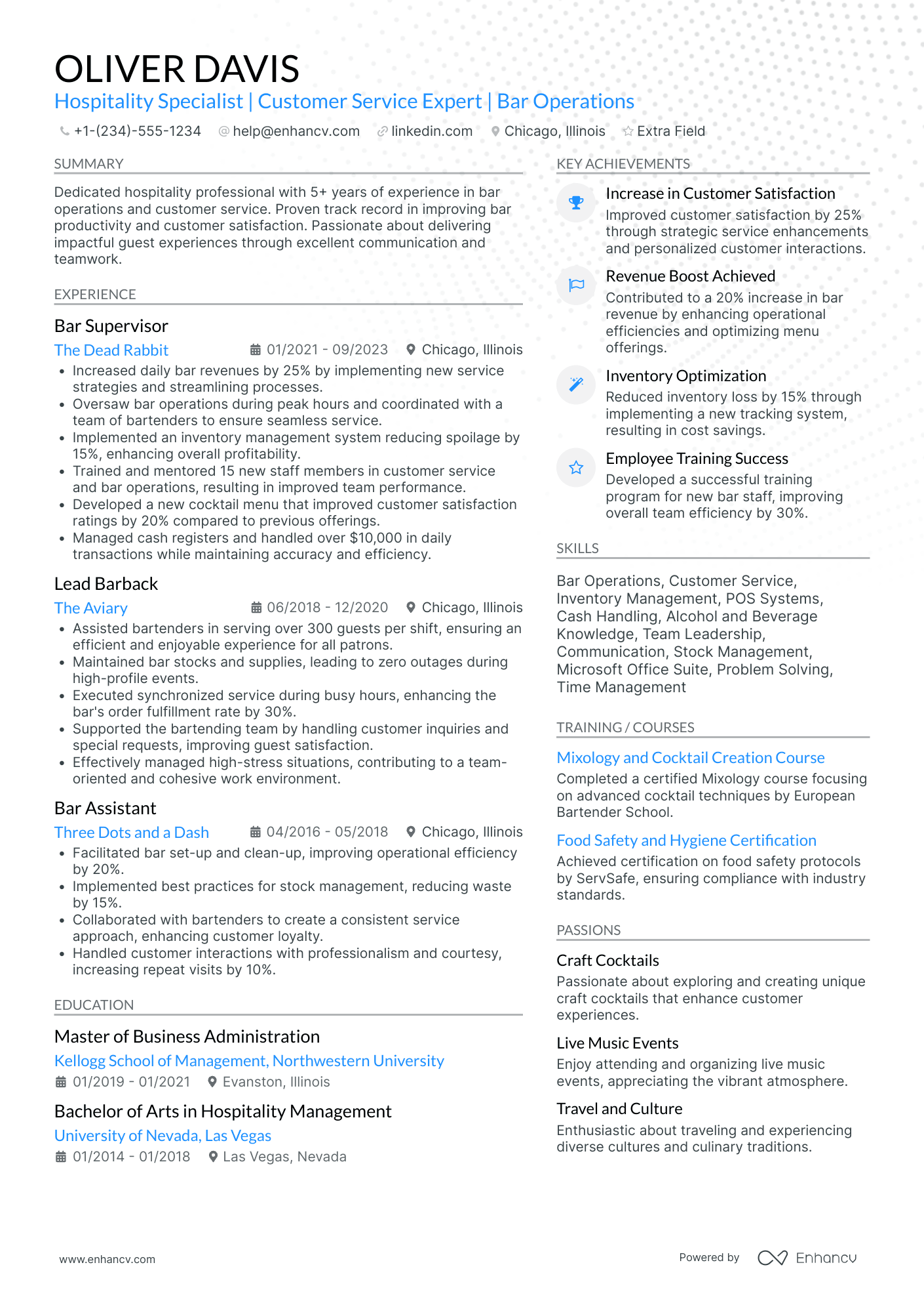 Full Time Barback Resume Example