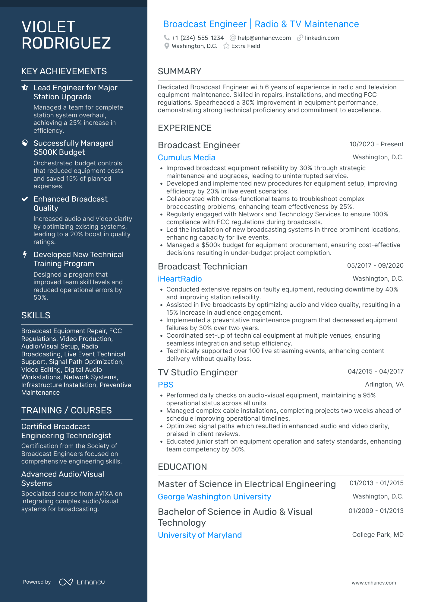 Broadcast Audio Engineer Resume Example