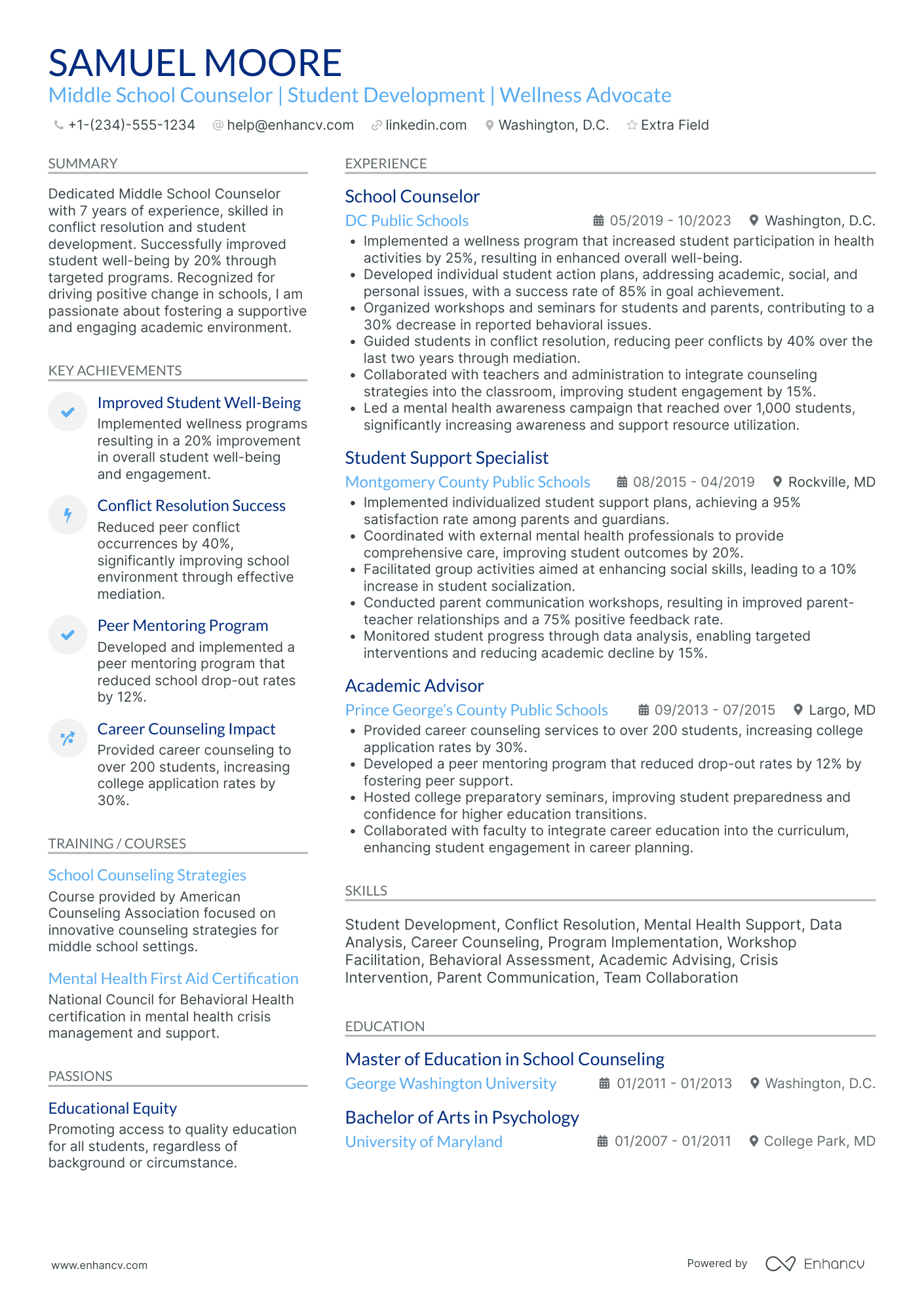 Middle School Counselor Resume Example