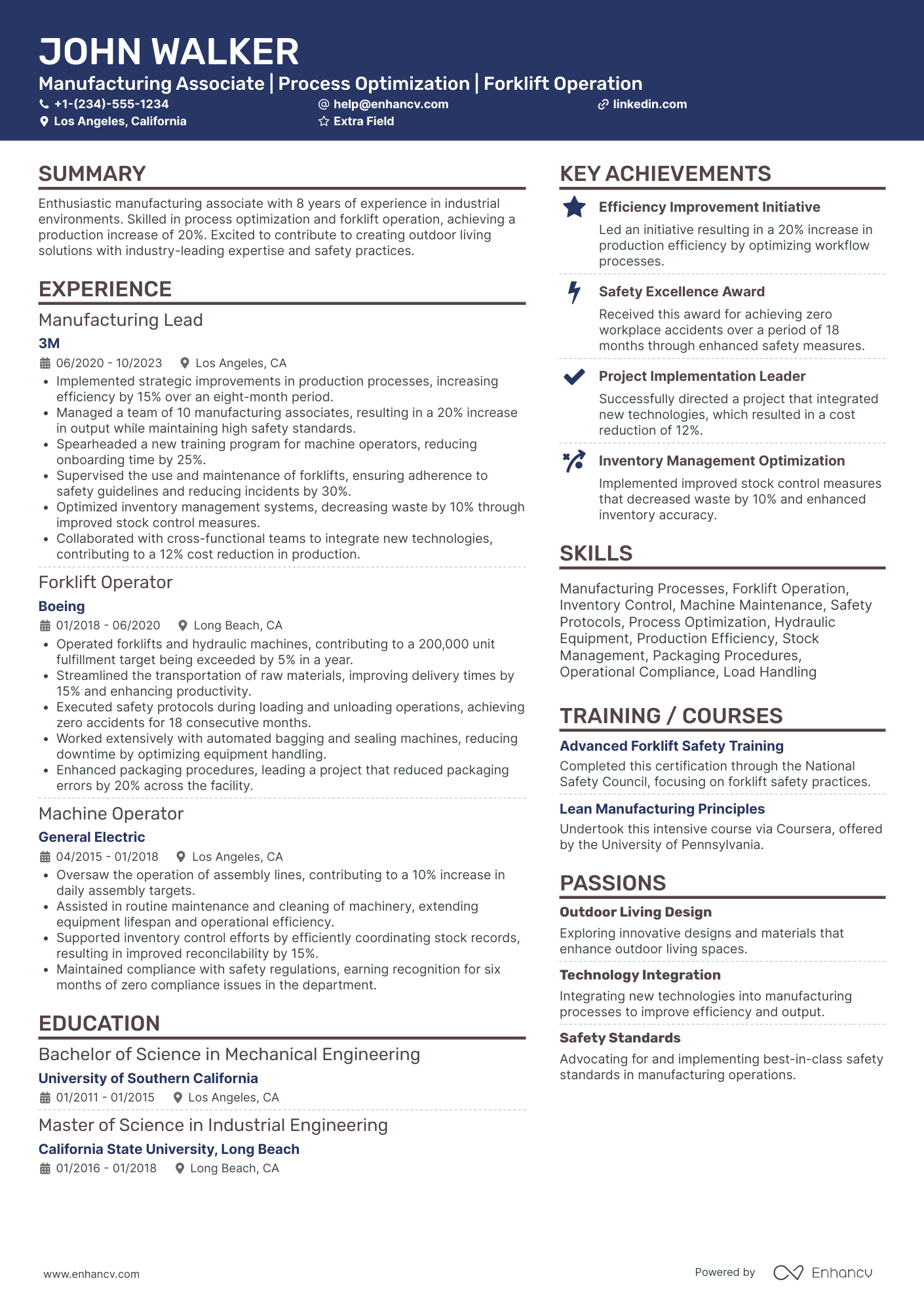 Factory Forklift Operator Resume Example