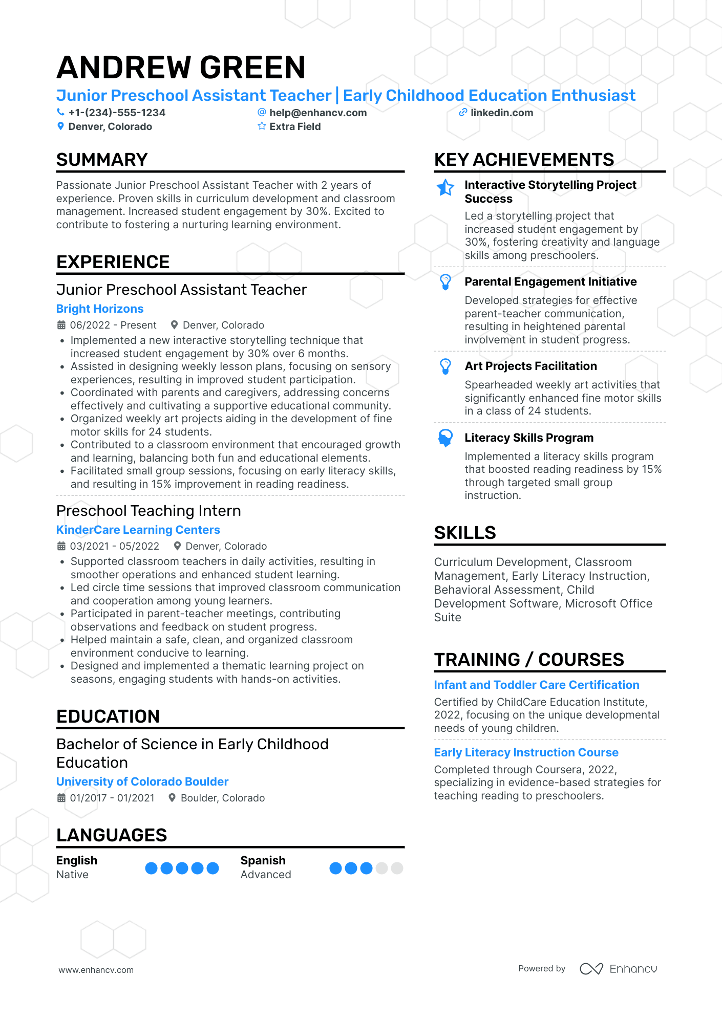 Junior Preschool Assistant Teacher Resume Example