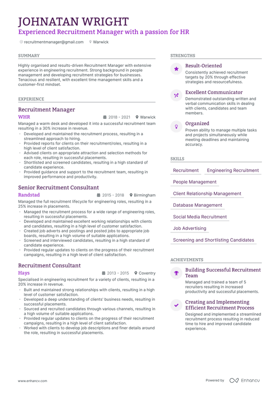 Recruitment Manager Resume Example