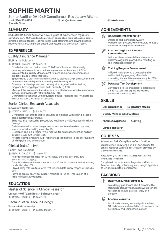 Quality Assurance Auditor Resume Example