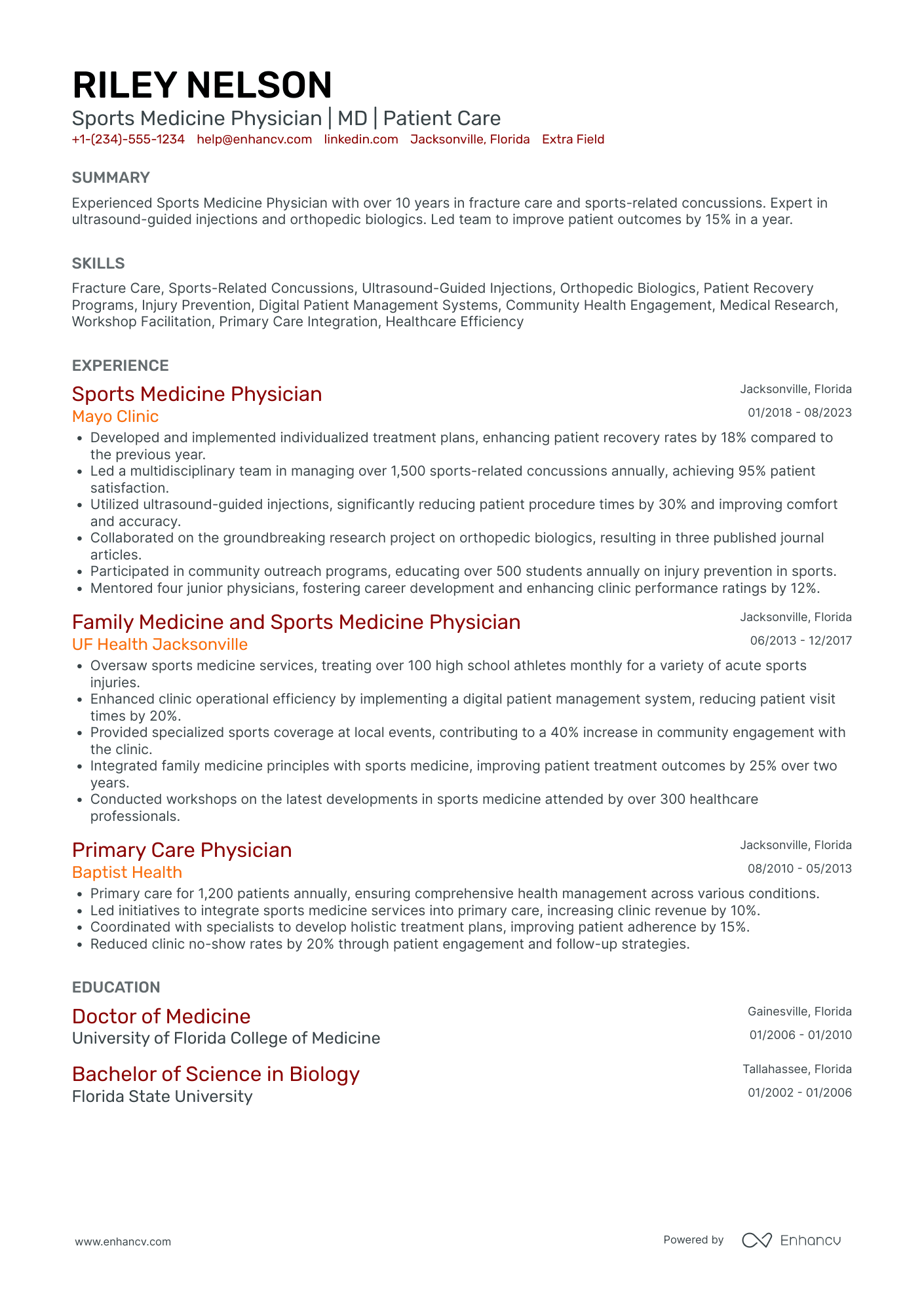 Sports Medicine Physician Resume Example