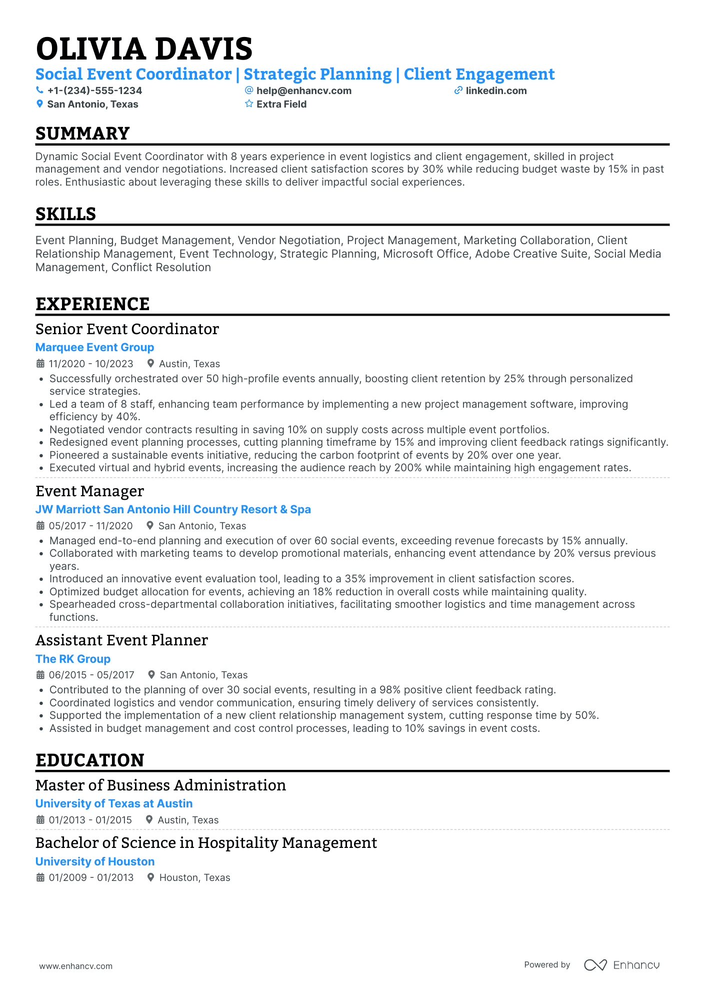 Social Event Coordinator Resume Example