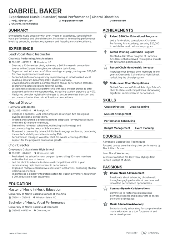Music Director Resume Example