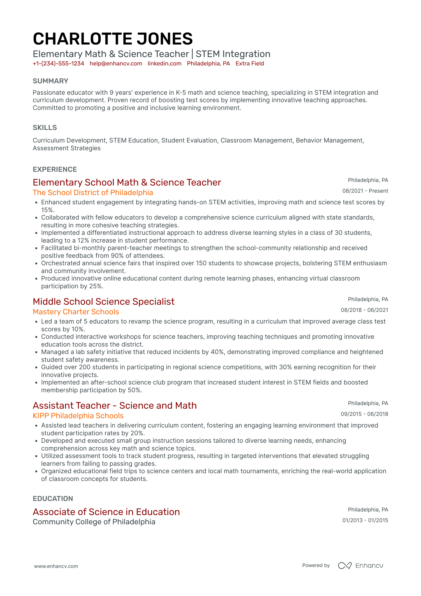 Elementary School Science Teacher Resume Example