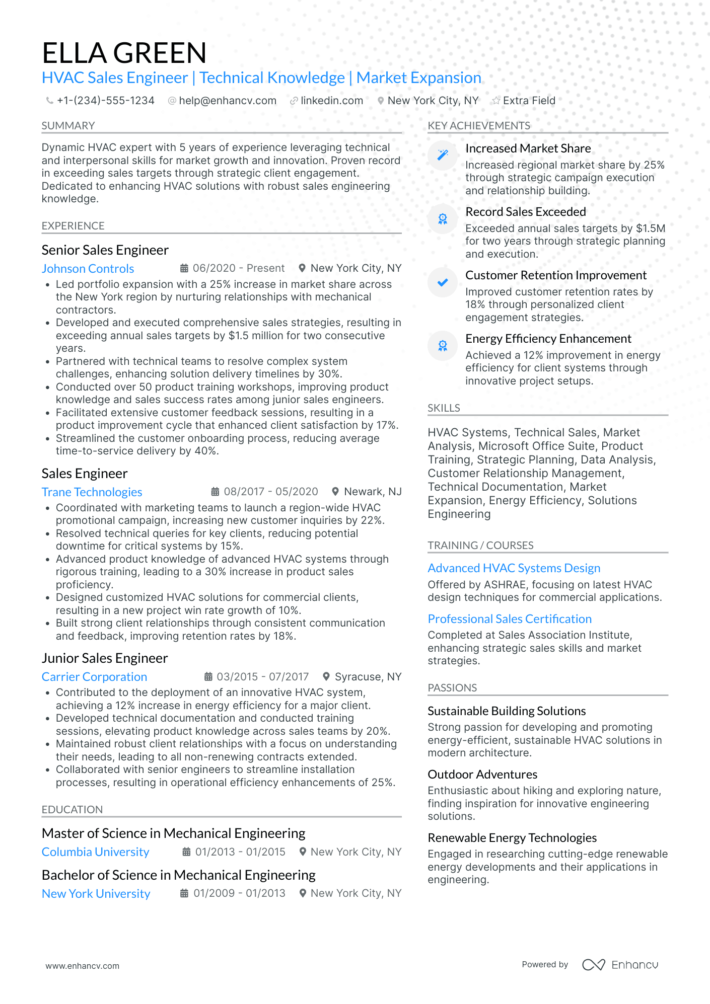 Commercial HVAC Sales Engineer Resume Example