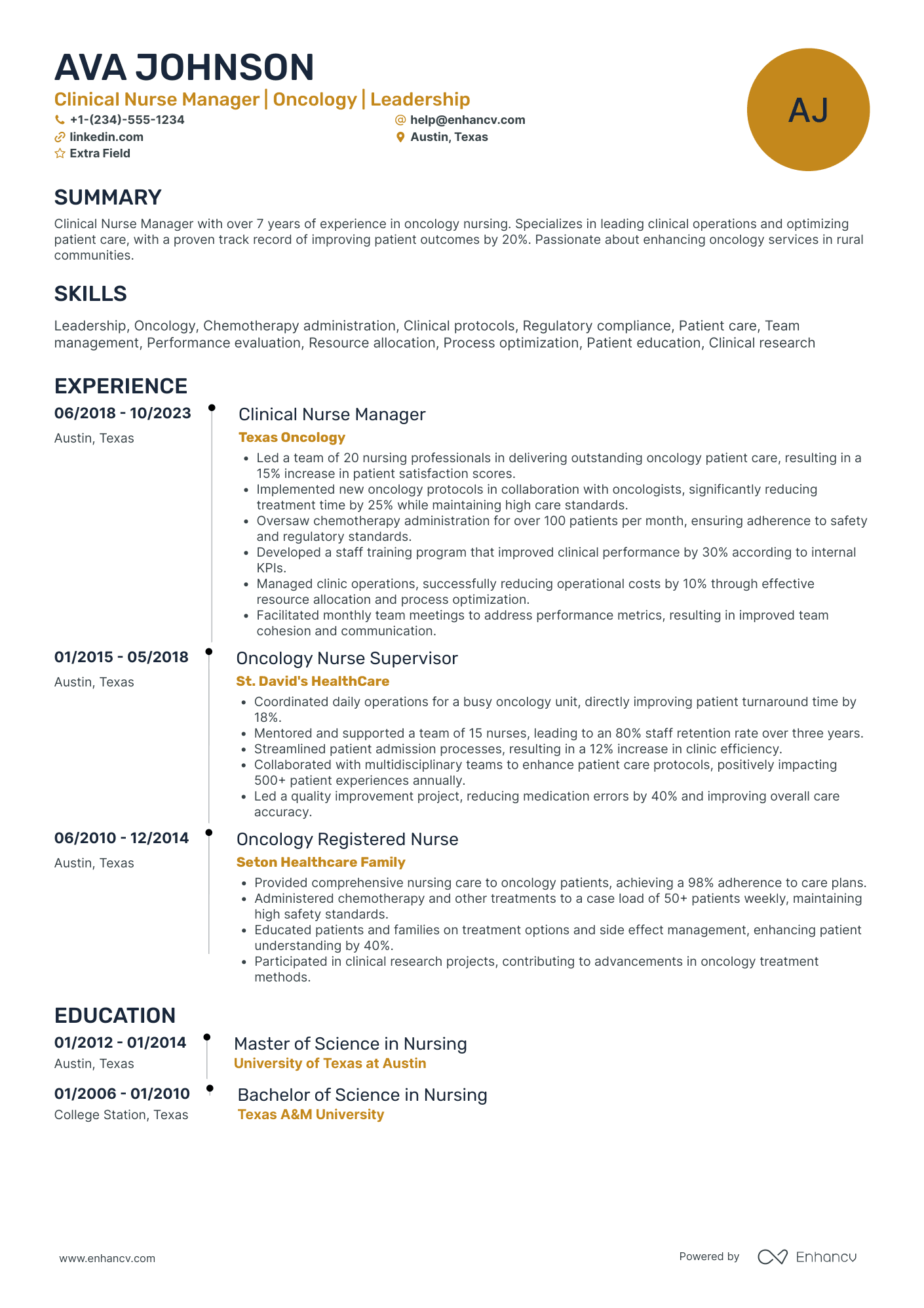 Oncology Nurse Manager Resume Example