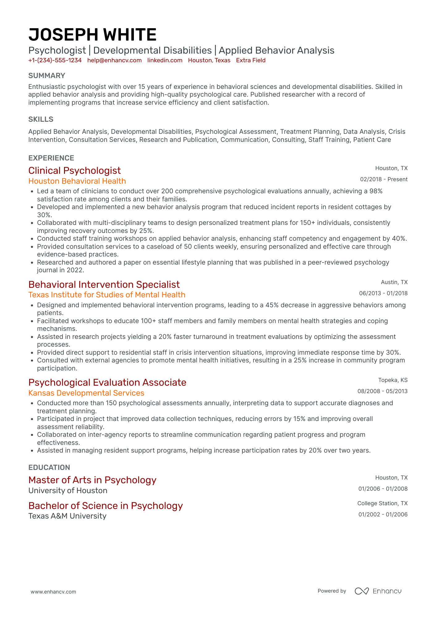 Military Psychologist Resume Example