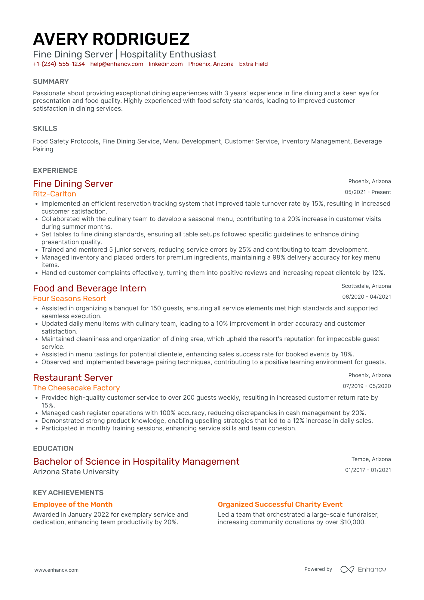 Junior Fine Dining Server Resume Example