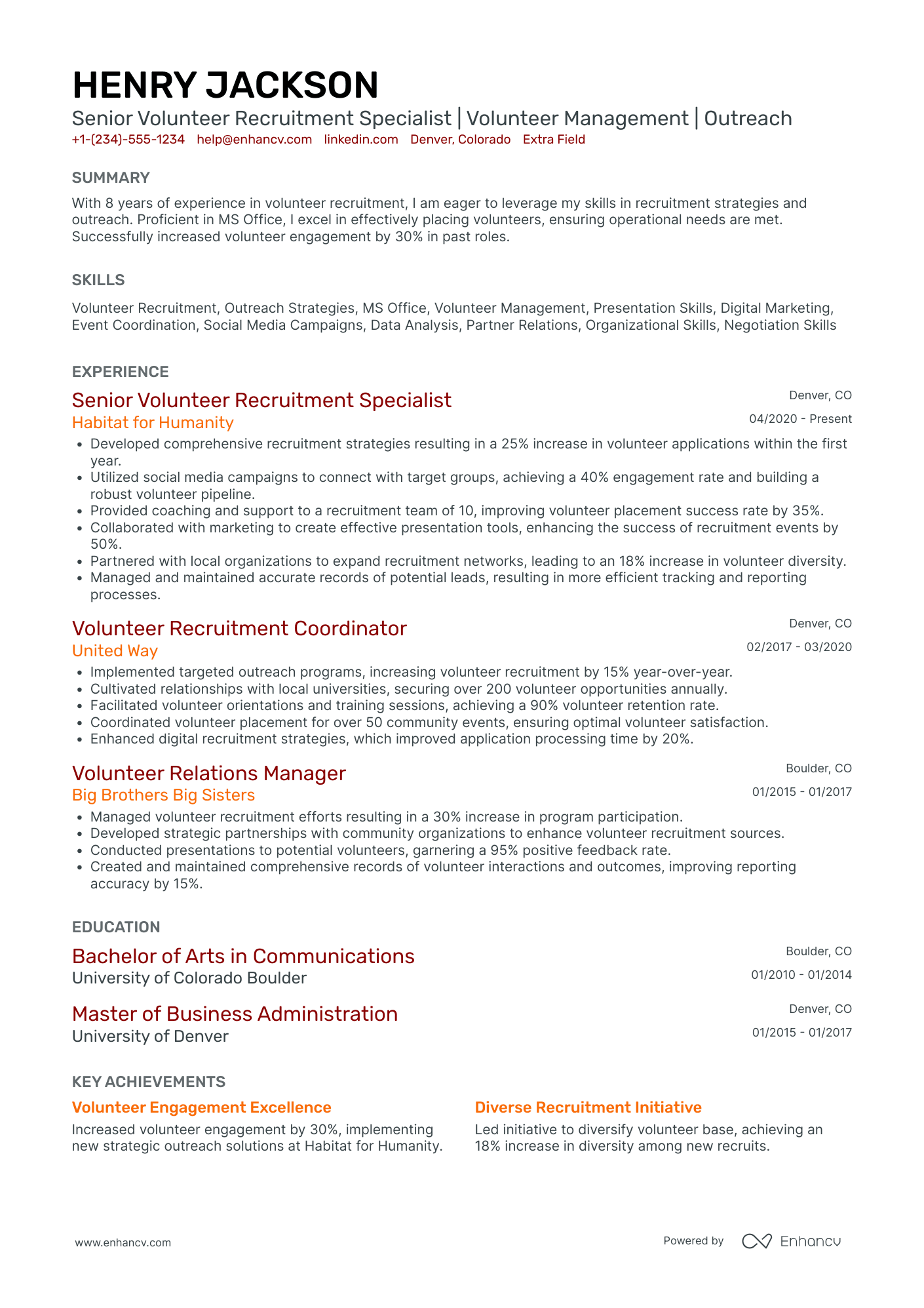 Experienced Volunteer Recruitment Specialist Resume Example