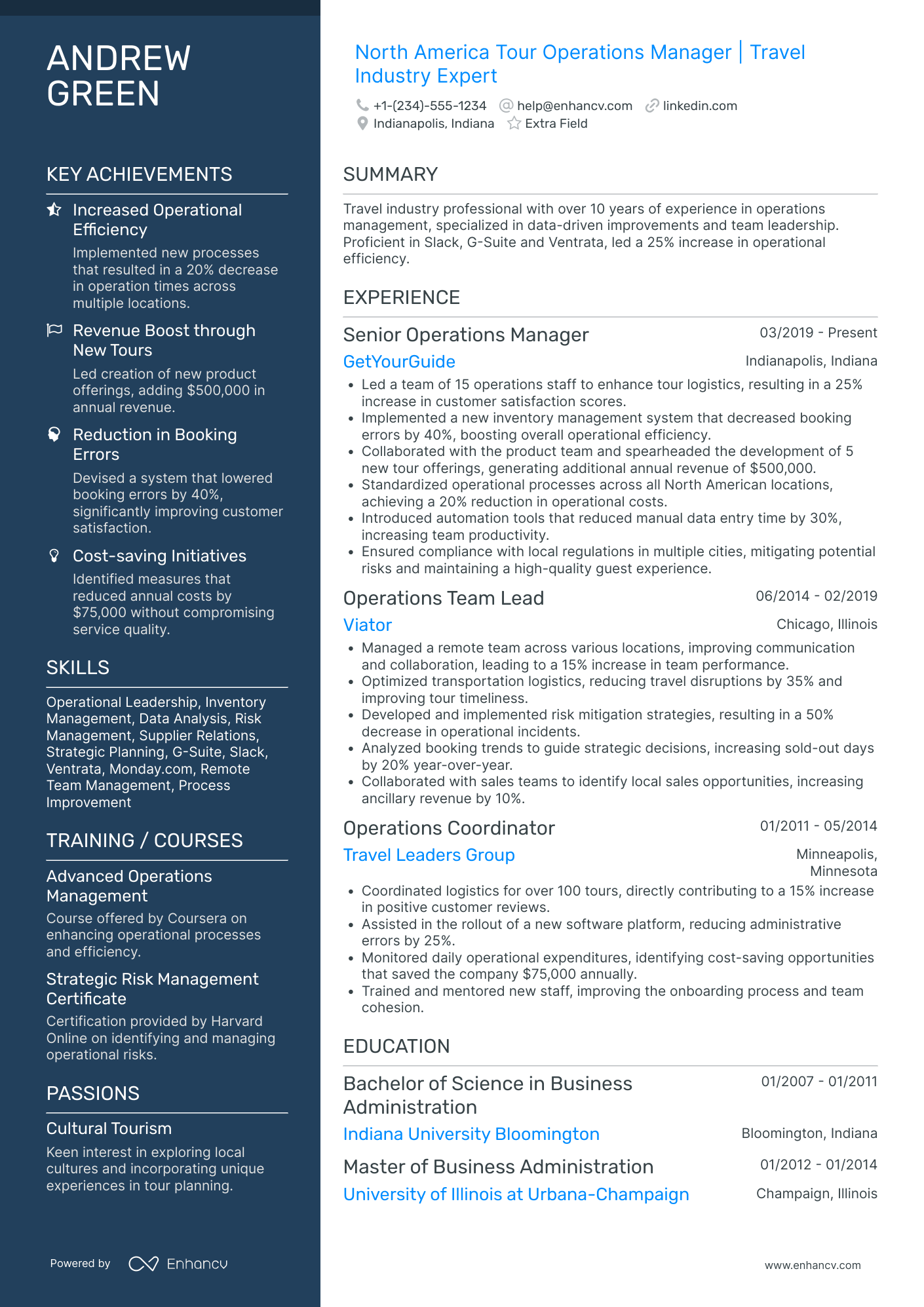 Tour Operations Manager Resume Example