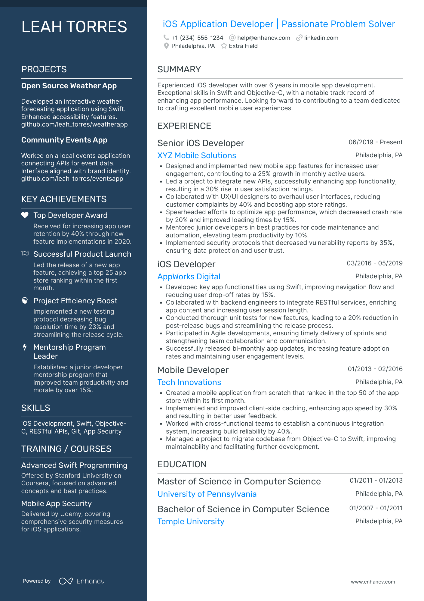 iOS Application Developer Resume Example