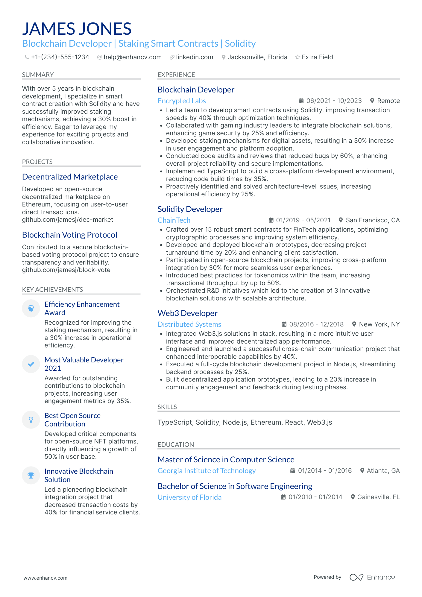 Blockchain Platform Developer Resume Example