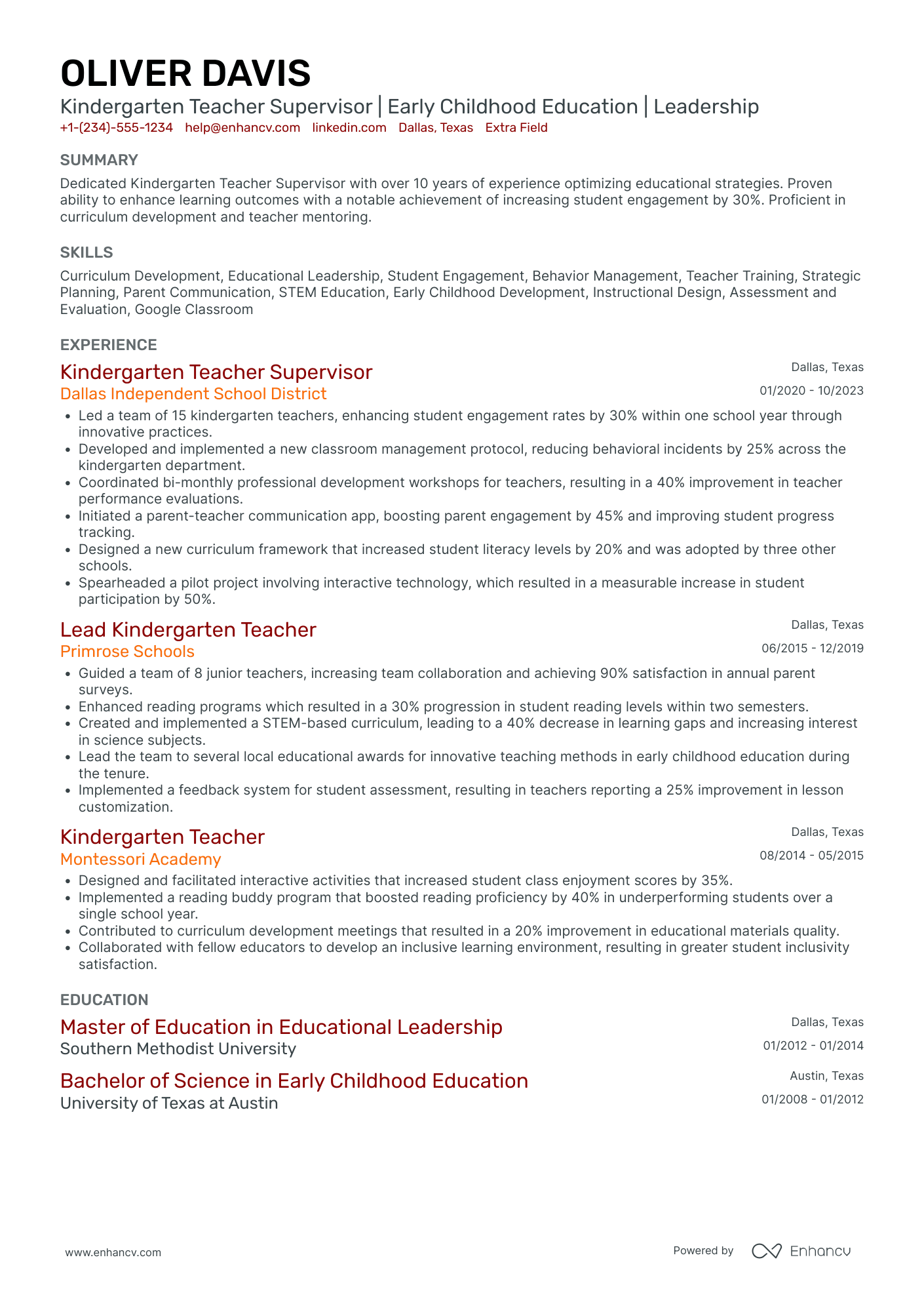 Kindergarten Teacher Supervisor Resume Example