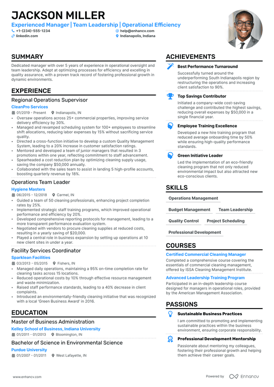 Cleaning Manager Resume Example