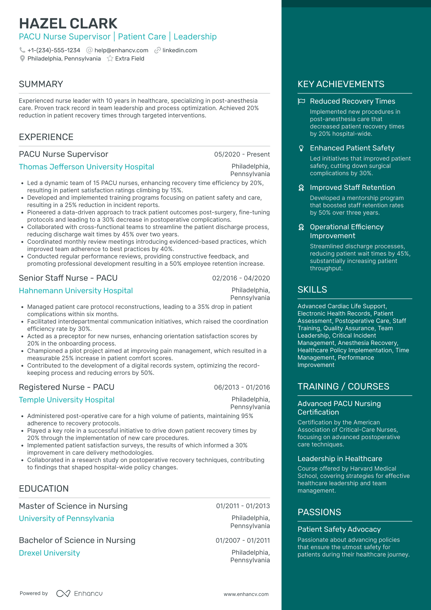 PACU Nurse Supervisor Resume Example