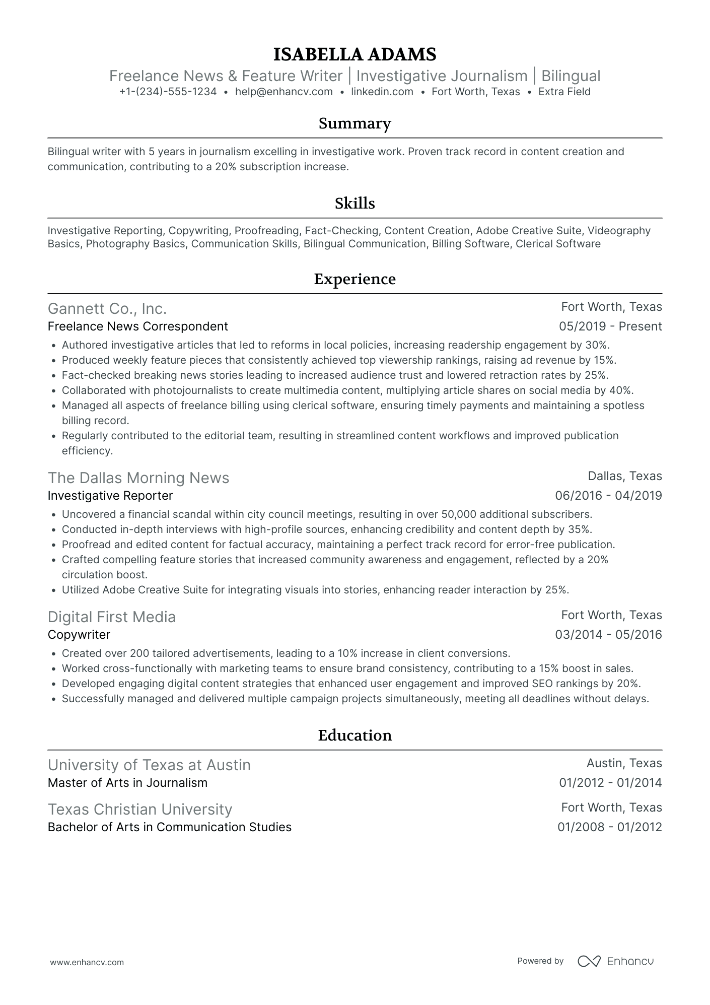 Freelance Feature Writer Resume Example