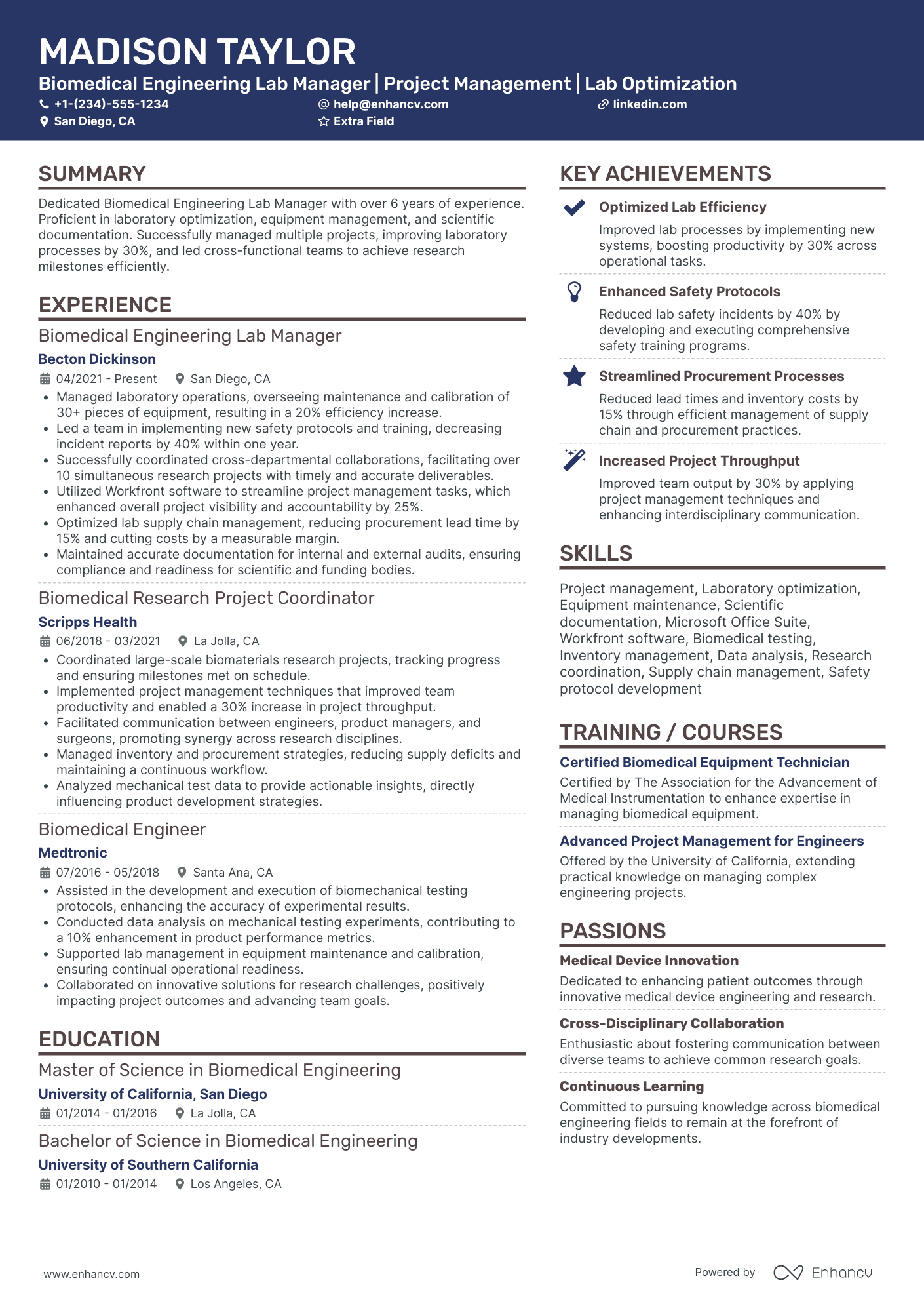 Biomedical Engineering Manager Resume Example