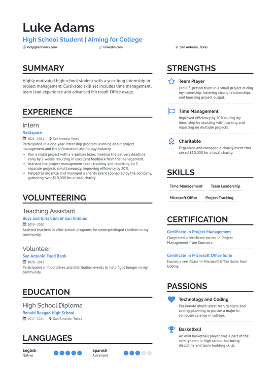 High School Student For College Resume Example