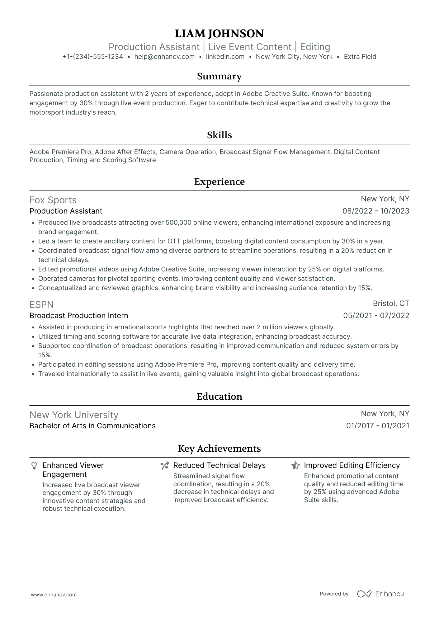 Live Event Production Assistant Resume Example